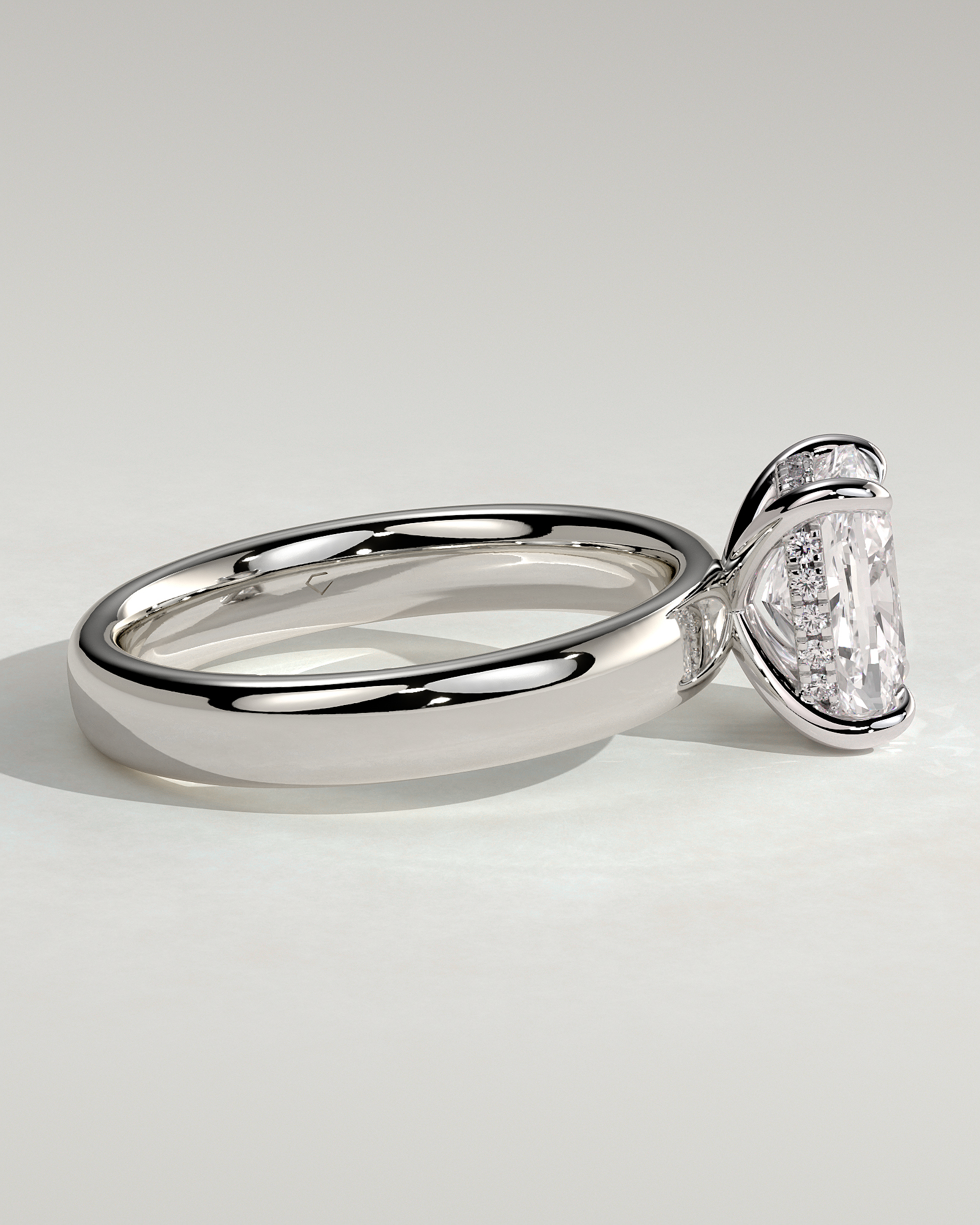 Cora - Elongated Cushion 4 Claw Solitaire with Cigar Band and Hidden Halo Engagement Ring - 18k White Gold High Setting