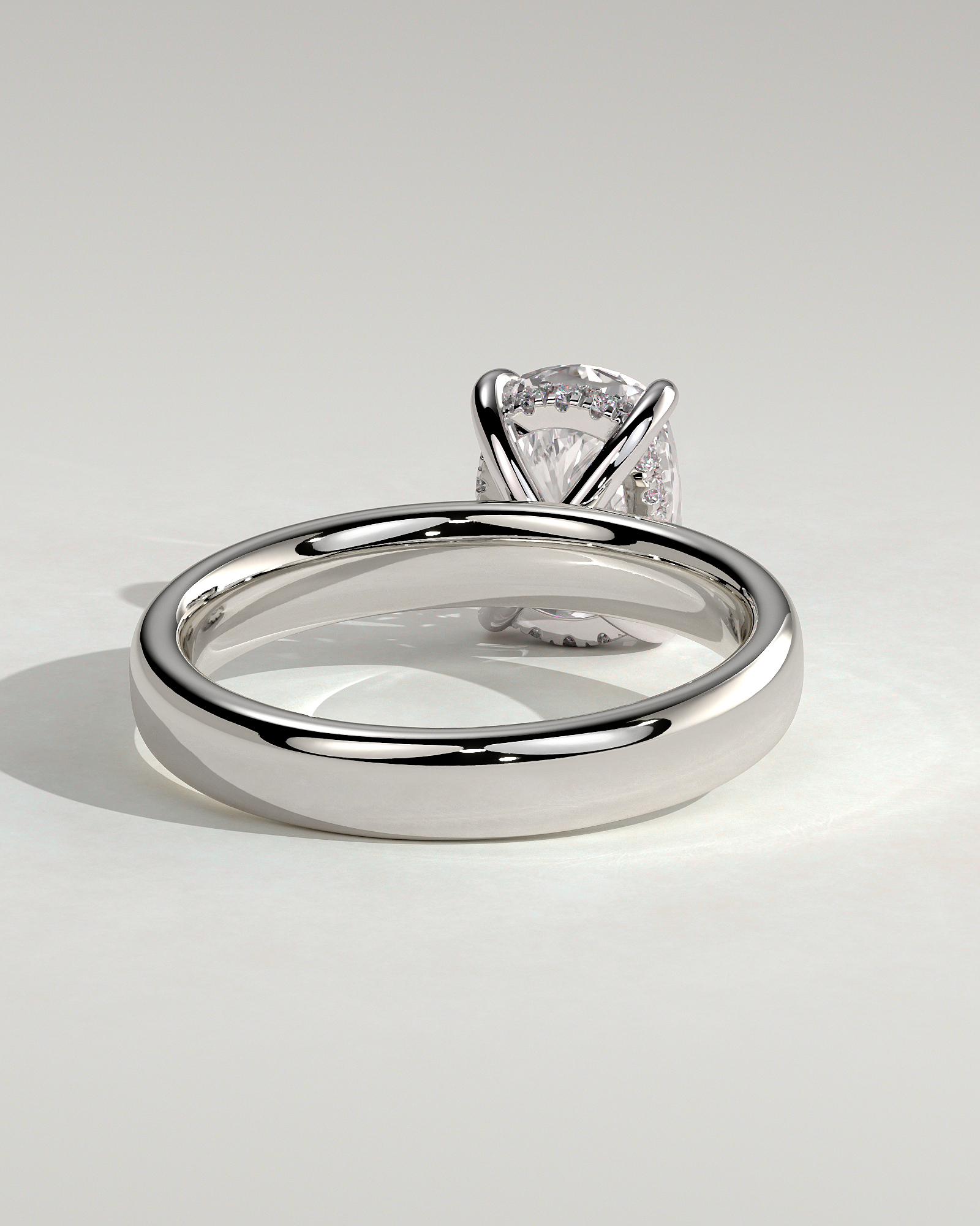Cora - Elongated Cushion 4 Claw Solitaire with Cigar Band and Hidden Halo Engagement Ring - 18k White Gold High Setting