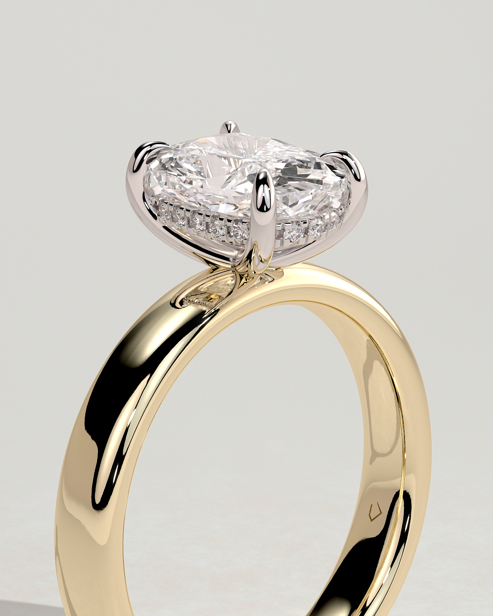 Cora - Elongated Cushion 4 Claw Solitaire with Cigar Band and Hidden Halo Engagement Ring - 18k Yellow Gold / 18k White Gold High Setting