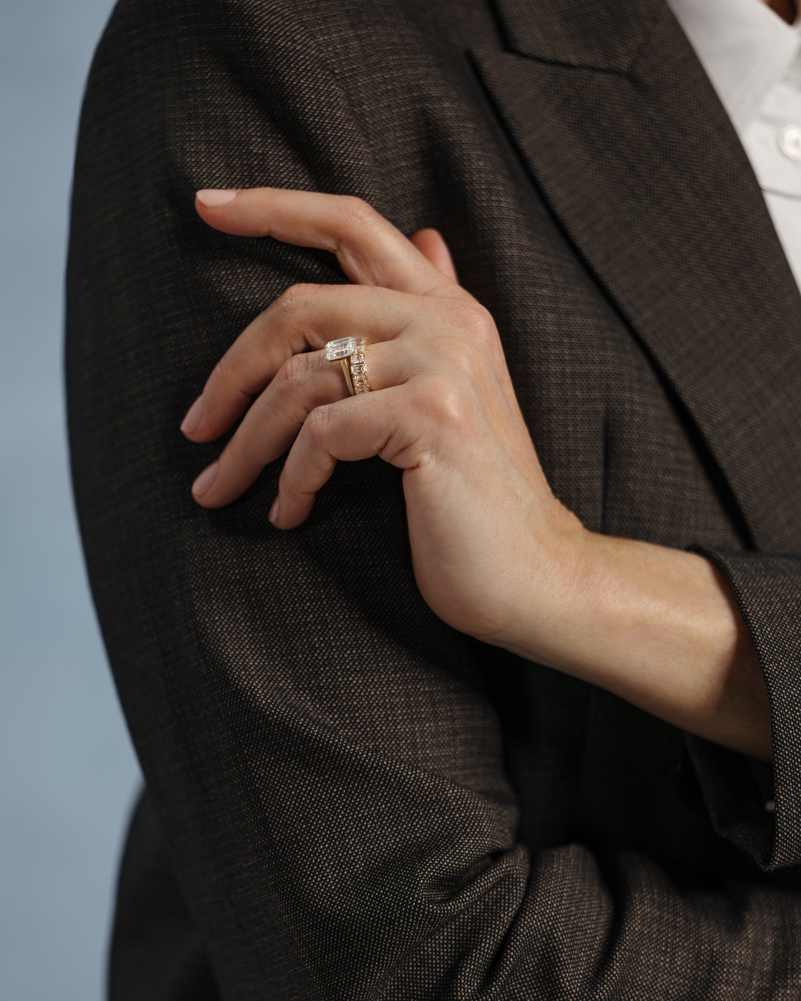 Dallas - Bezel Set Emerald Wedding Ring Lifestyle Image