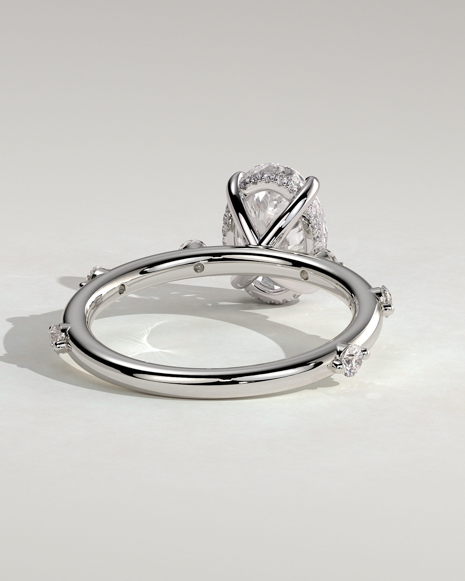 Elise  Oval Solitaire with Hidden Halo and Accent Stones - 18k White Gold
