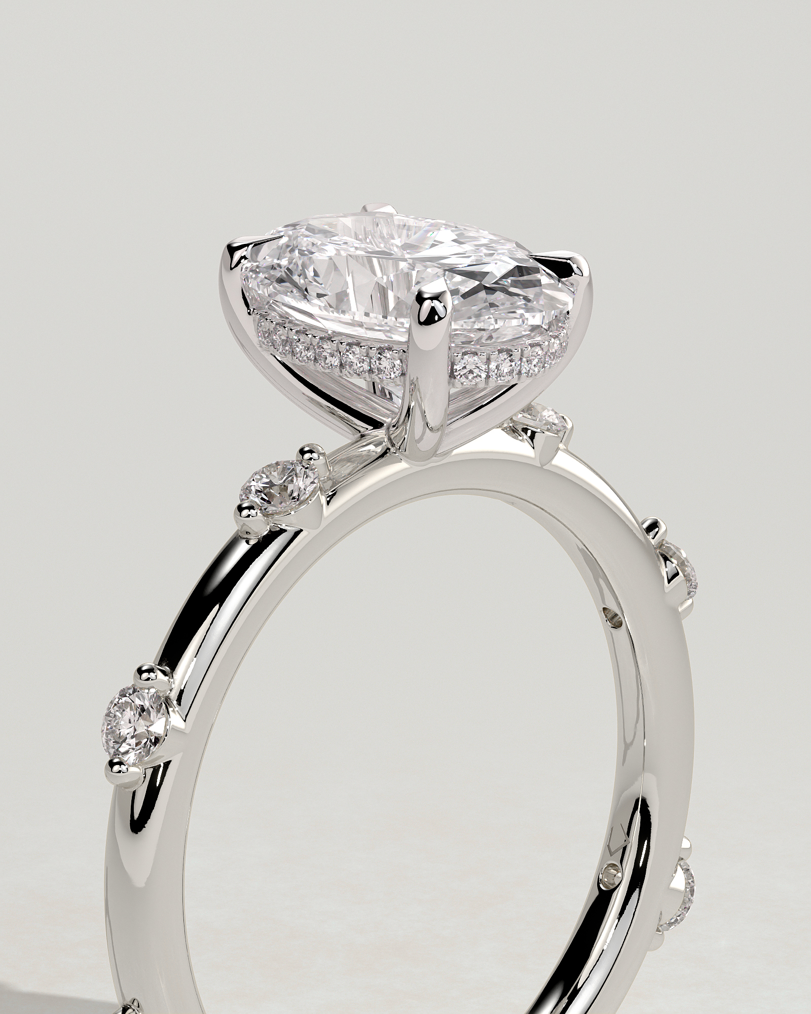 Elise  Oval Solitaire with Hidden Halo and Accent Stones - 18k White Gold