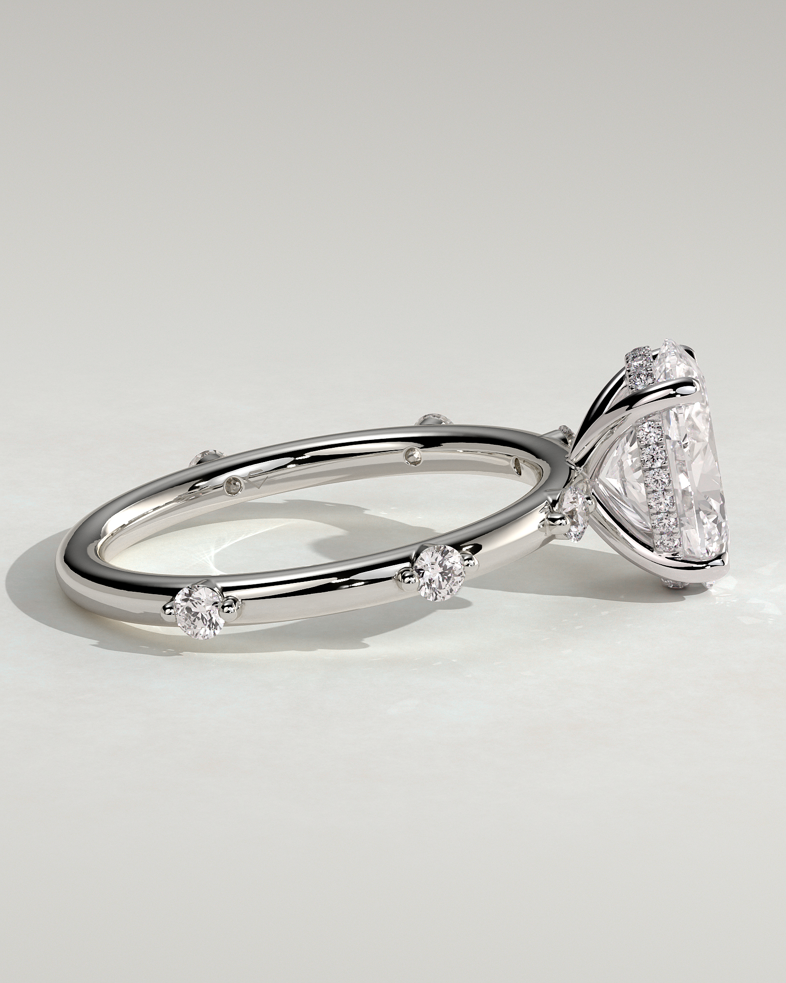 Elise  Oval Solitaire with Hidden Halo and Accent Stones - 18k White Gold
