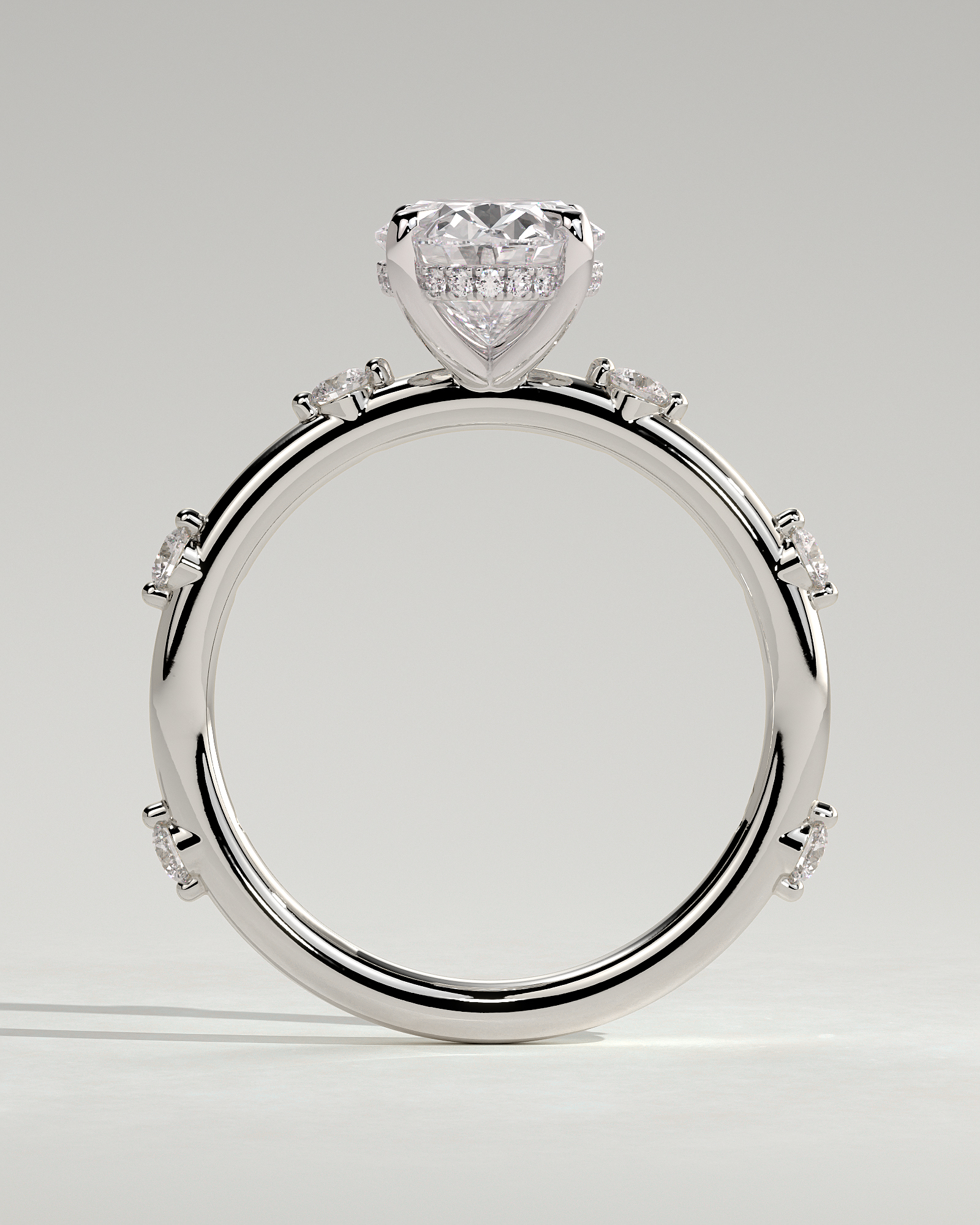 Elise  Oval Solitaire with Hidden Halo and Accent Stones - 18k White Gold