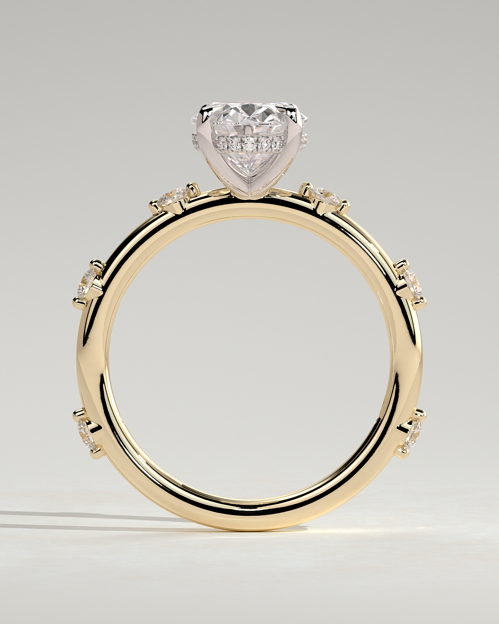 Elise  Oval Solitaire with Hidden Halo and Accent Stones - 18k Yellow Gold / 18k White Gold