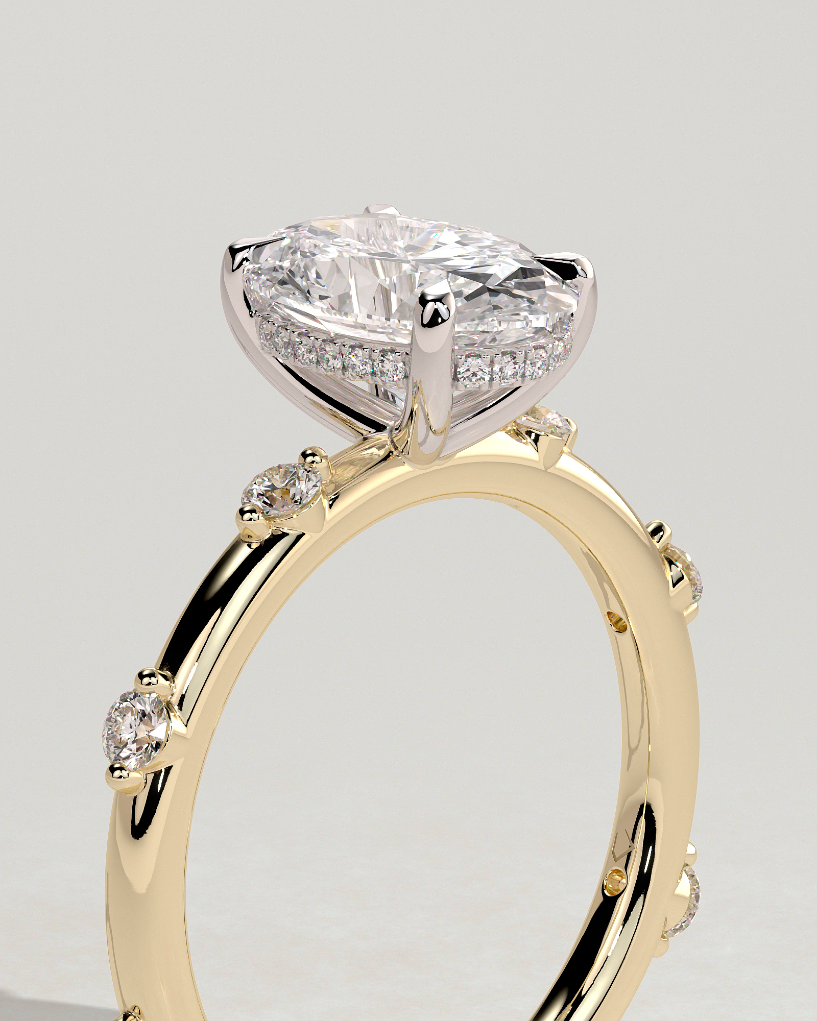 Elise  Oval Solitaire with Hidden Halo and Accent Stones - 18k Yellow Gold / 18k White Gold