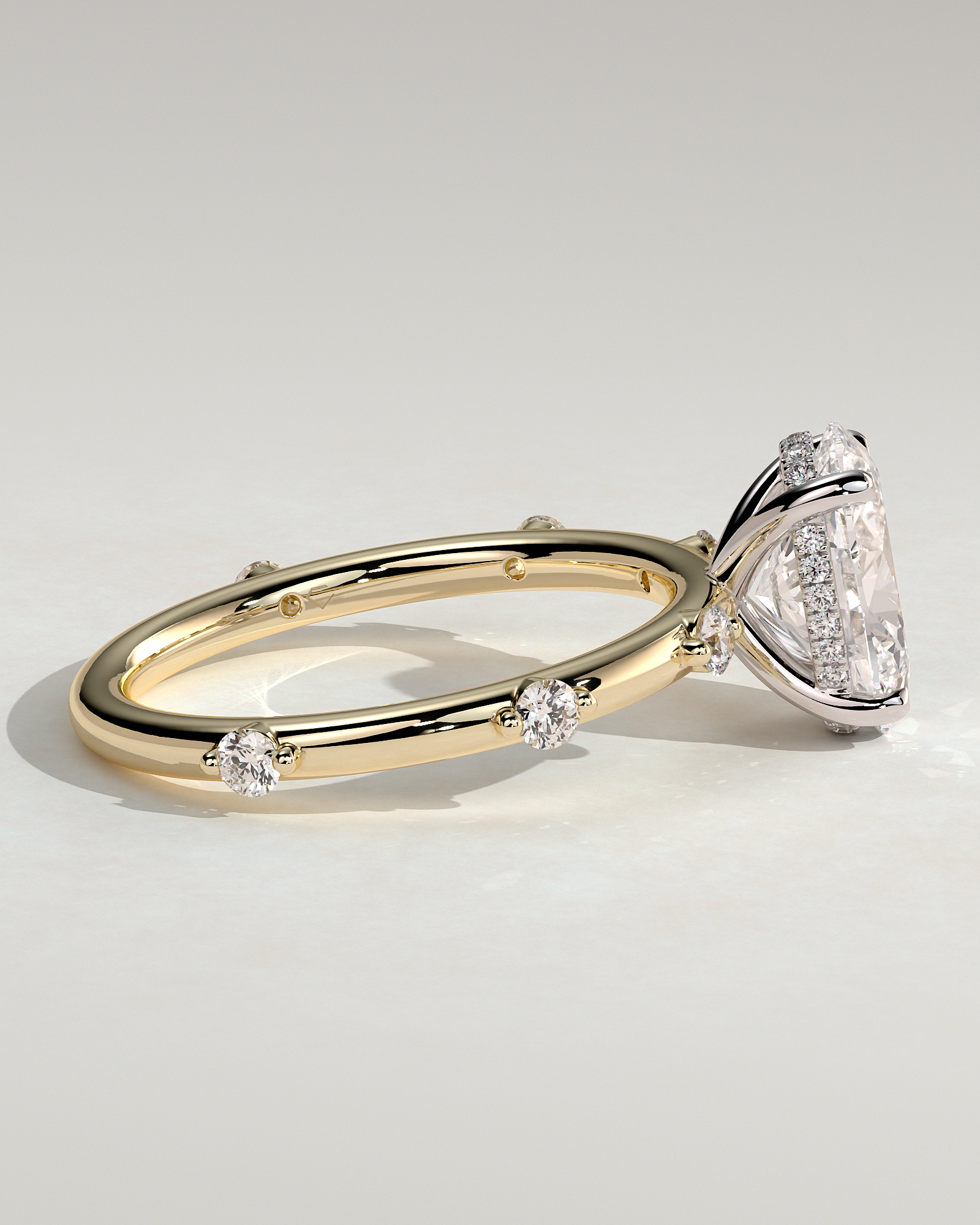 Elise  Oval Solitaire with Hidden Halo and Accent Stones - 18k Yellow Gold / 18k White Gold