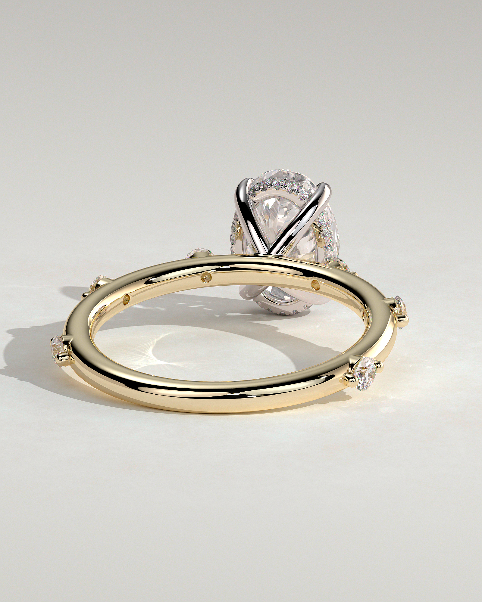 Elise  Oval Solitaire with Hidden Halo and Accent Stones - 18k Yellow Gold / 18k White Gold