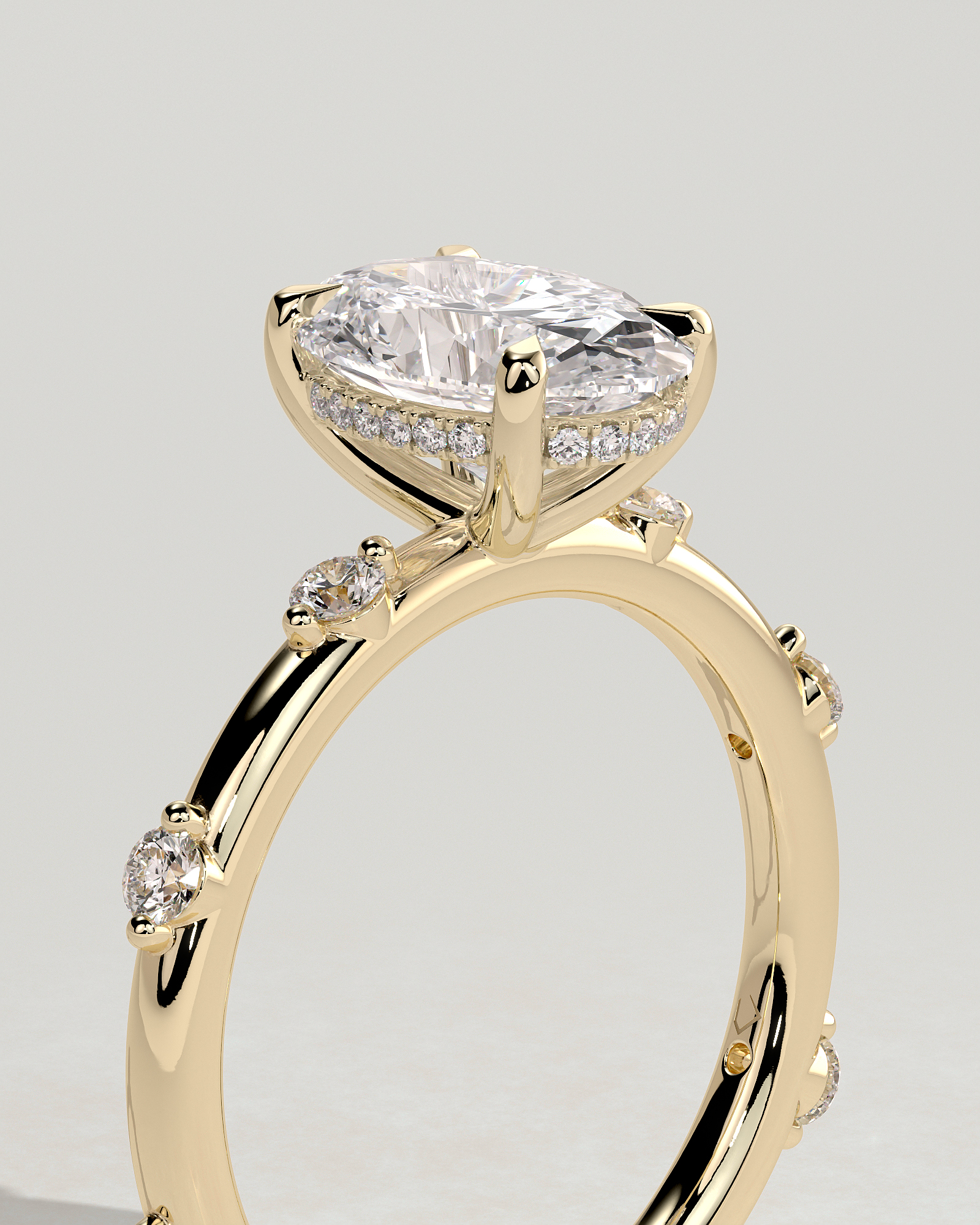 Elise  Oval Solitaire with Hidden Halo and Accent Stones - 18k Yellow Gold