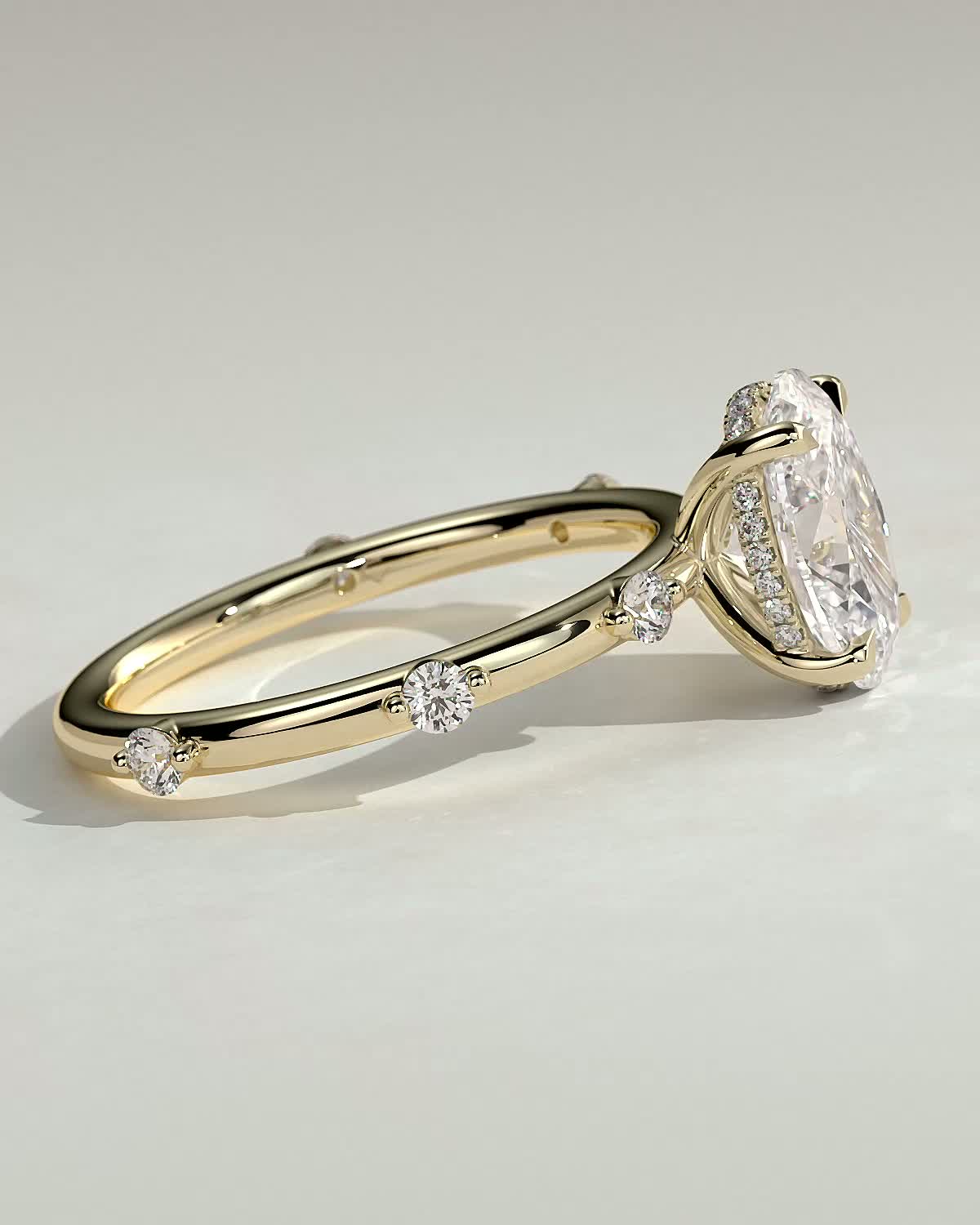 Elise  Oval Solitaire with Hidden Halo and Accent Stones - 18k Yellow Gold