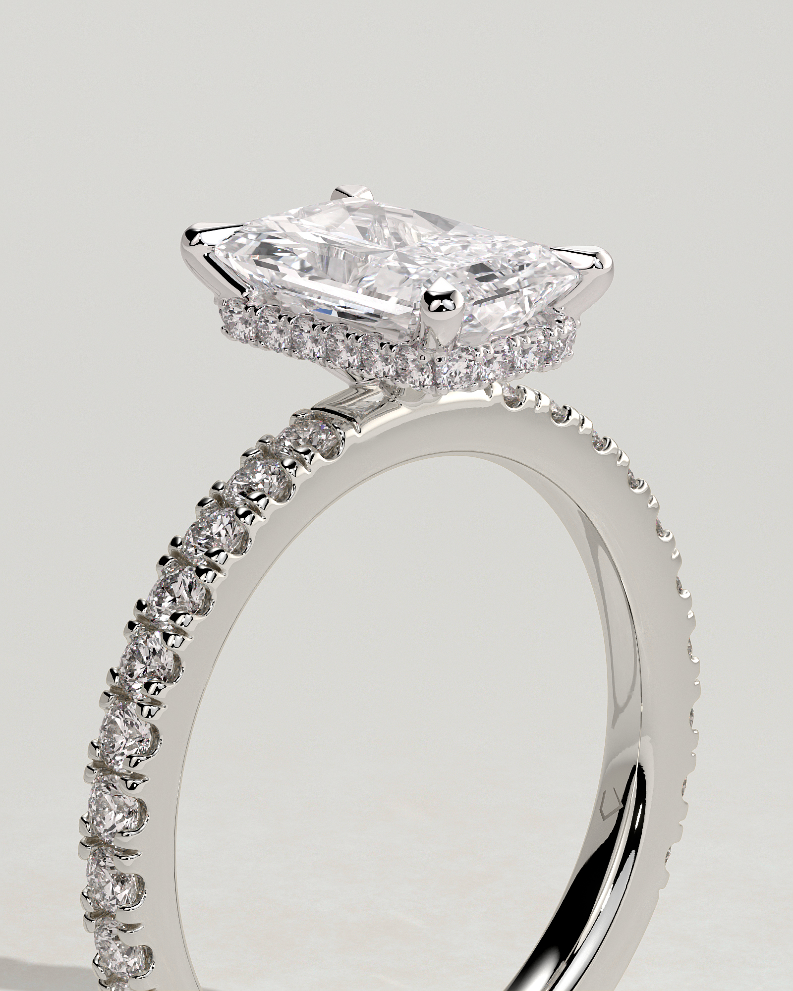 Ellie  Radiant Solitaire with Hidden Halo and Pav - 18k White Gold