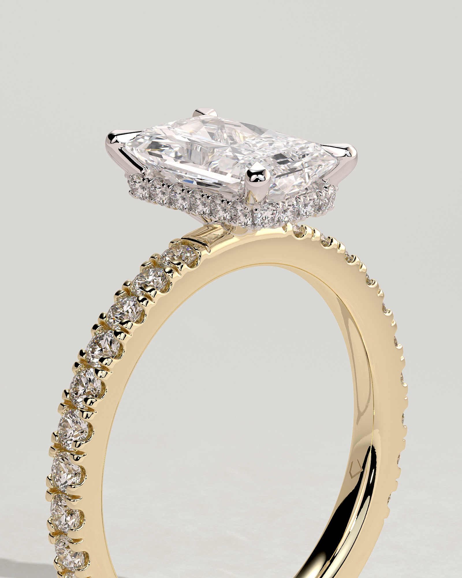 Ellie  Radiant Solitaire with Hidden Halo and Pav - 18k Yellow Gold / 18k White Gold
