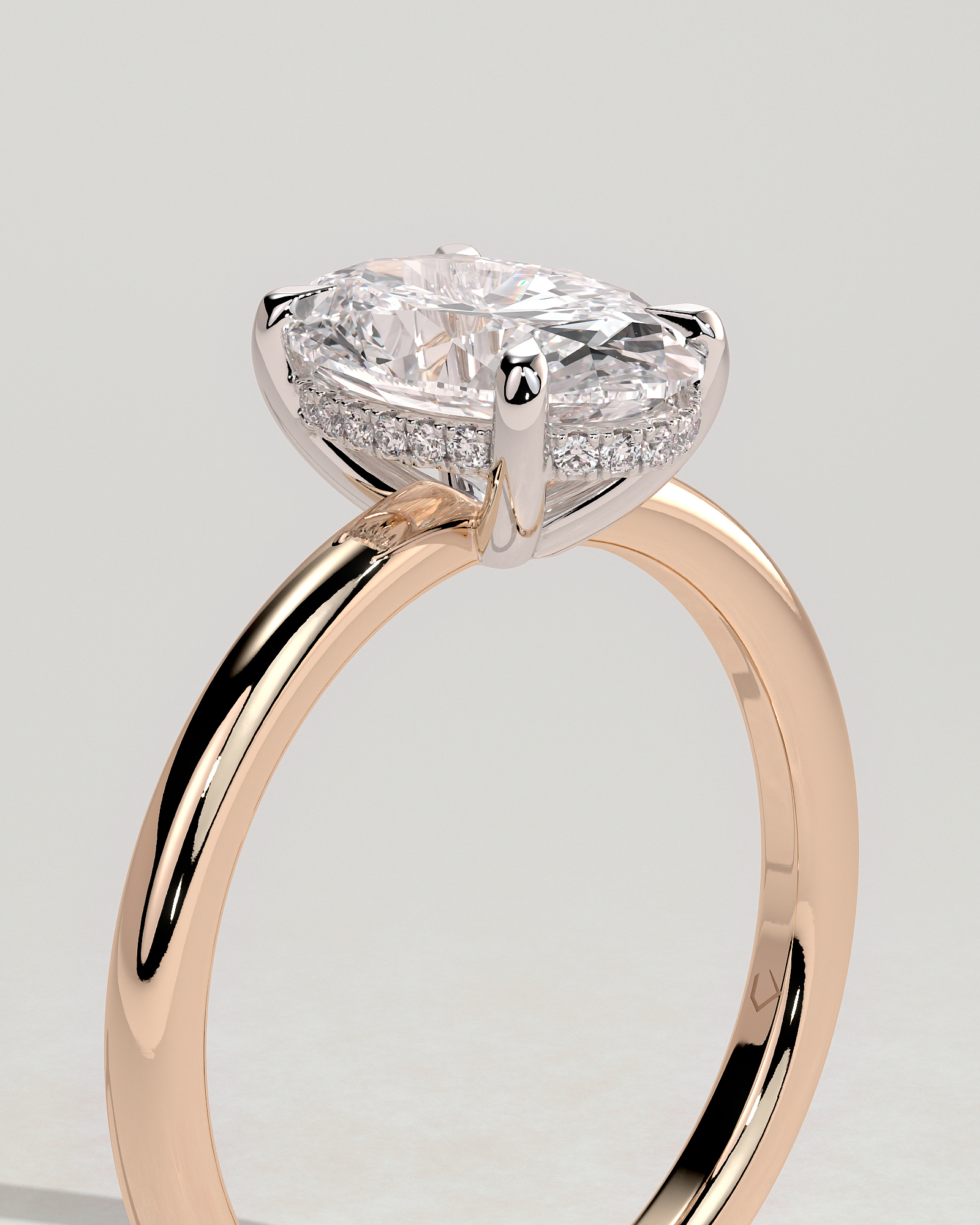 Emma  Oval Solitaire with Hidden Halo - 18k Rose Gold / 18k White Gold Low Setting