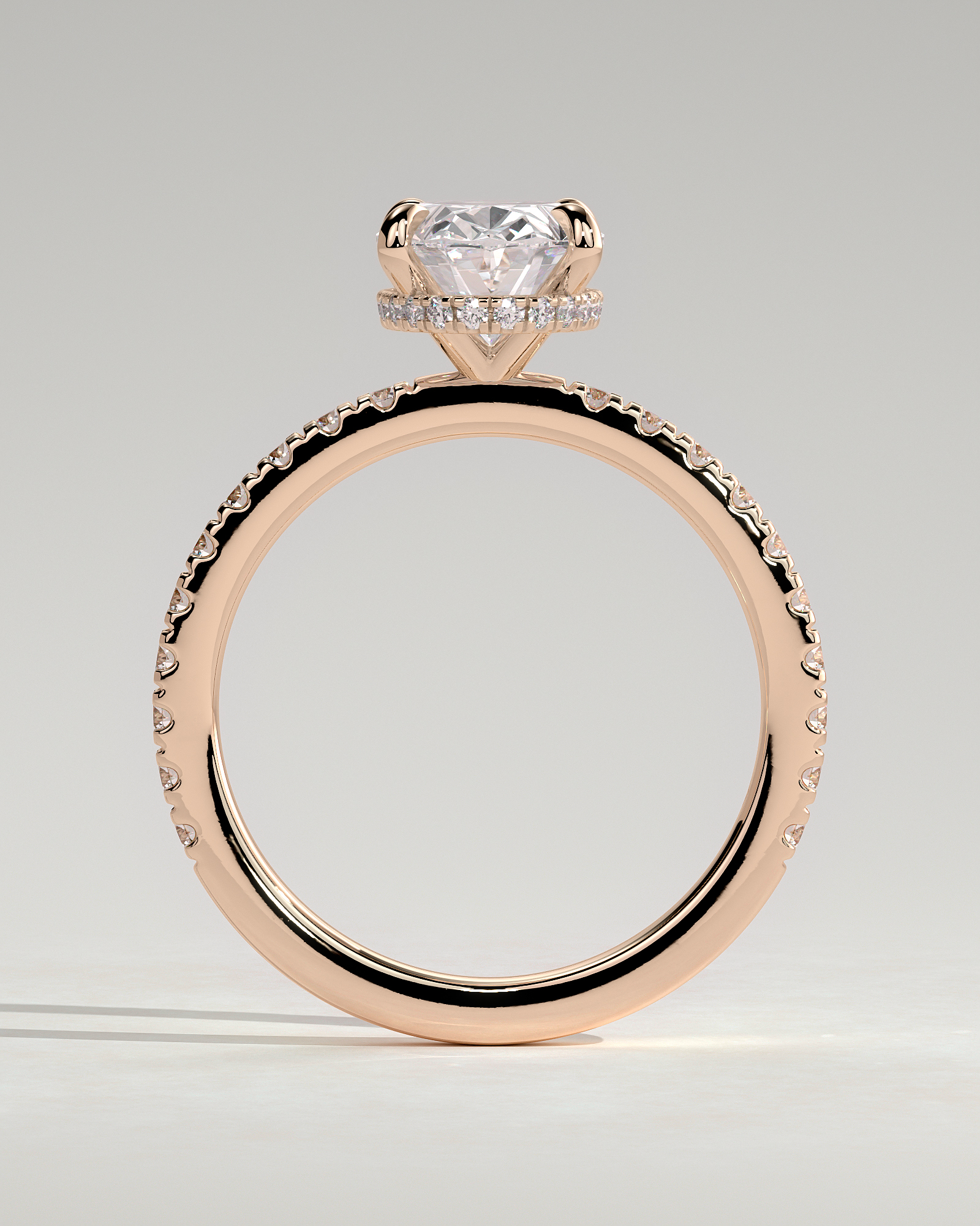 Oval 4 Claw Solitaire with Wrap Around Hidden Halo and Pave Band Engagement Ring - 18k Rose Gold