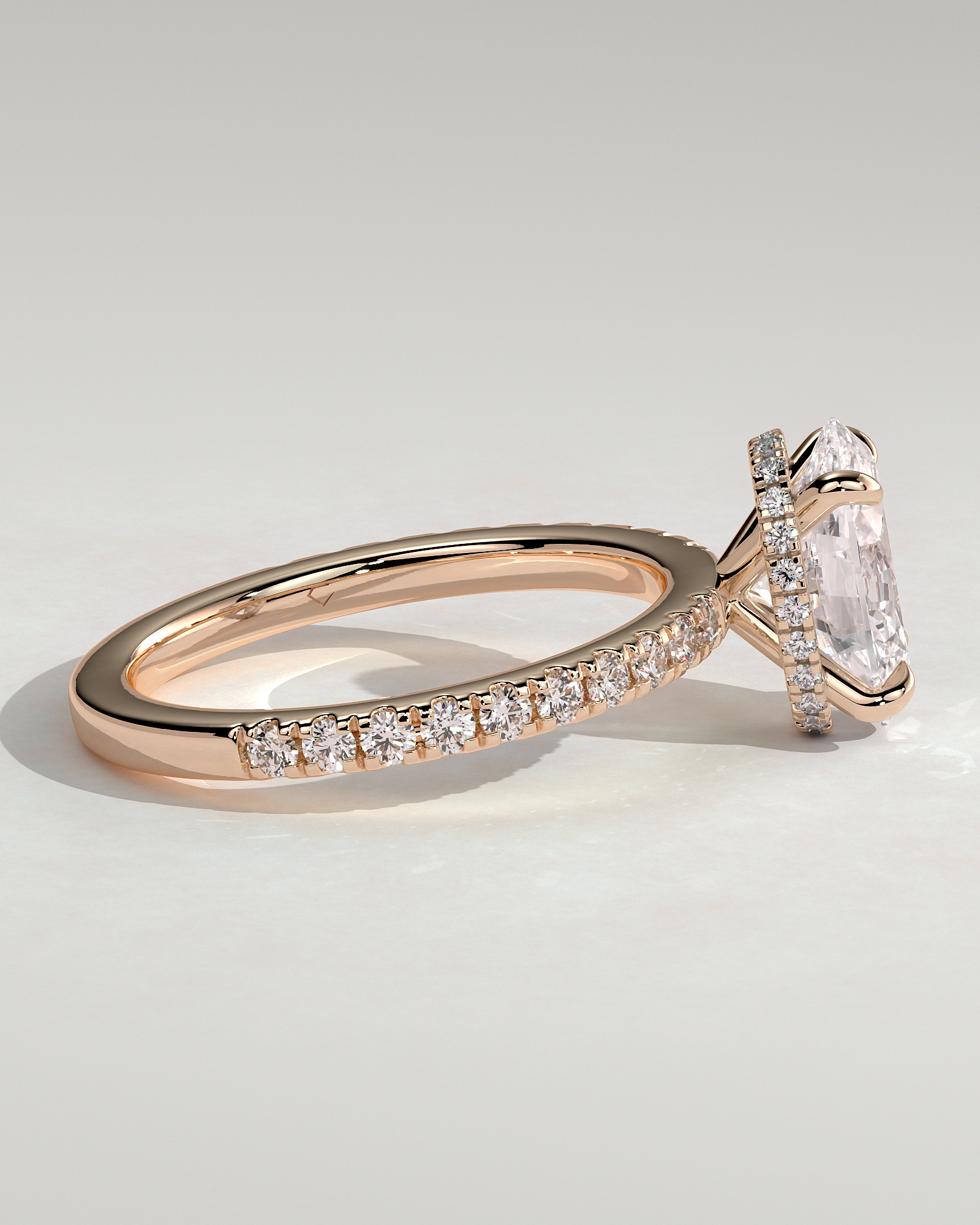 Oval 4 Claw Solitaire with Wrap Around Hidden Halo and Pave Band Engagement Ring - 18k Rose Gold