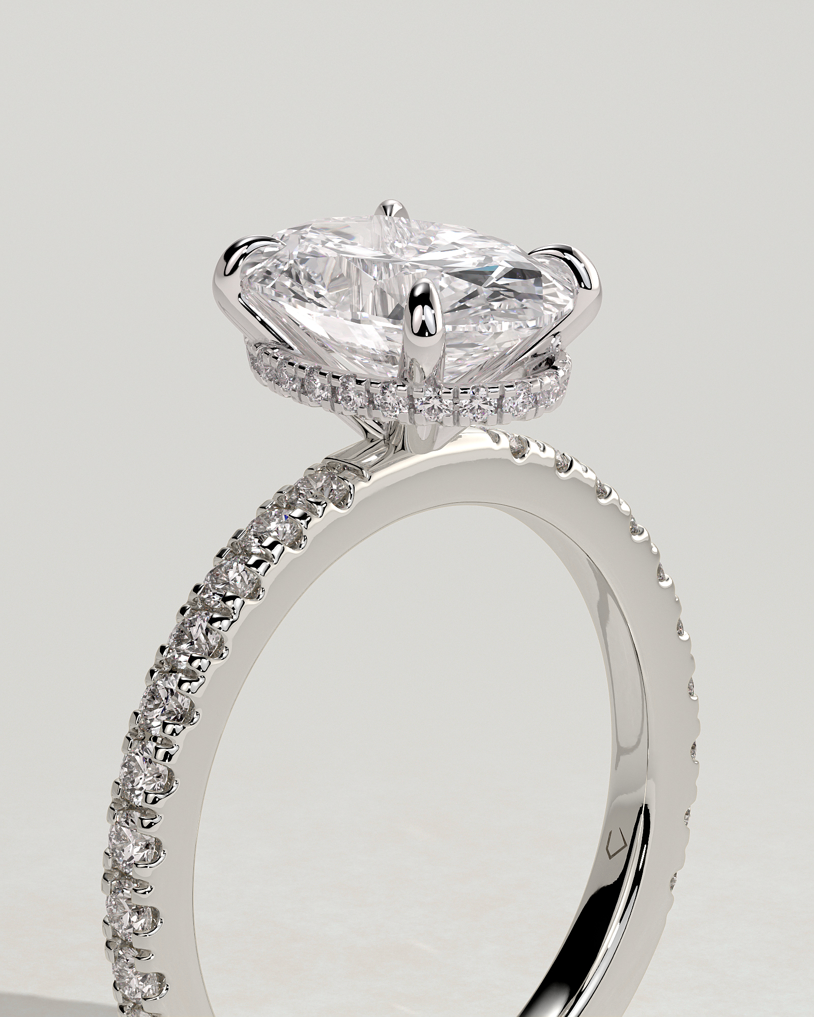 Oval 4 Claw Solitaire with Wrap Around Hidden Halo and Pave Band Engagement Ring - 18k White Gold