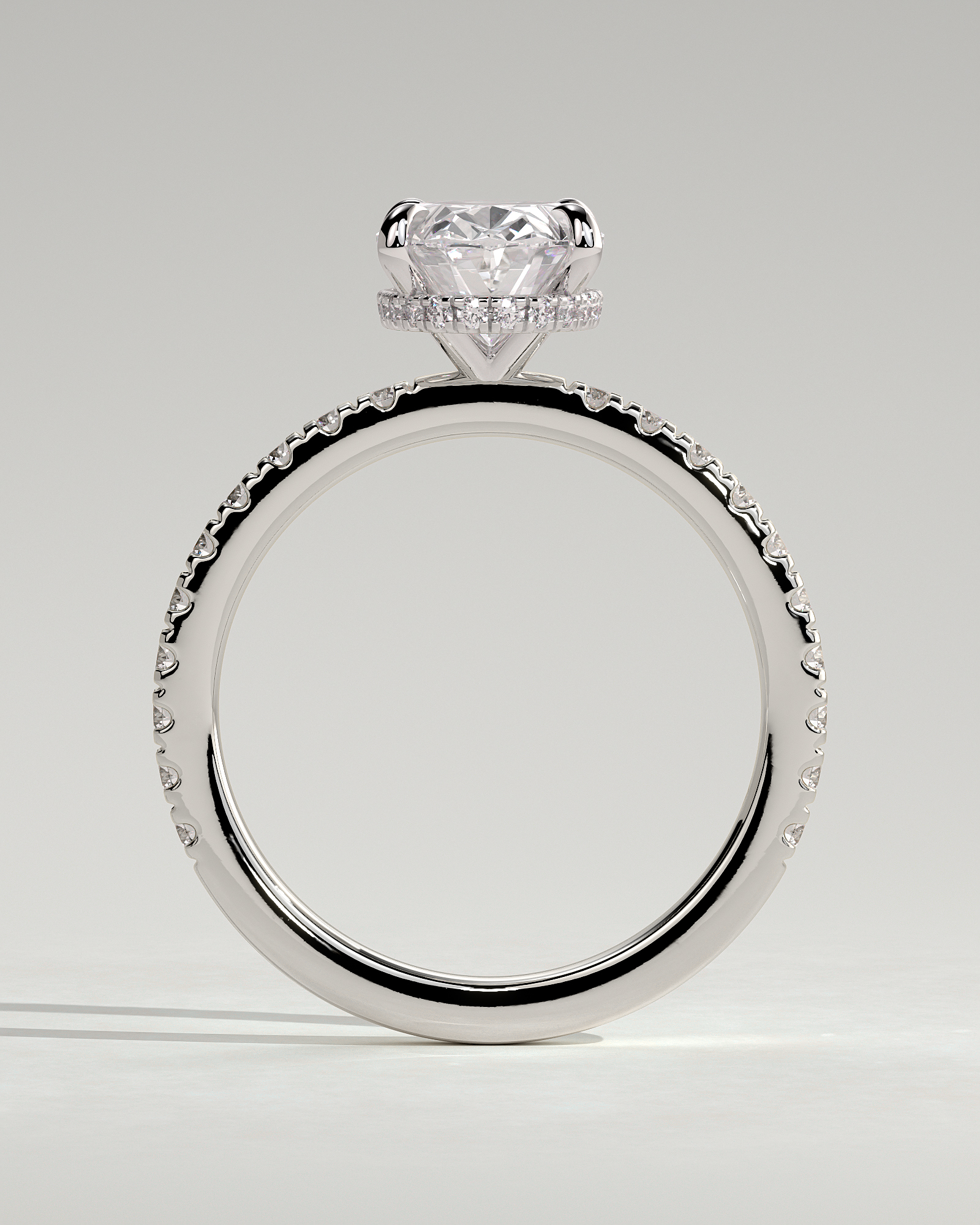 Oval 4 Claw Solitaire with Wrap Around Hidden Halo and Pave Band Engagement Ring - 18k White Gold