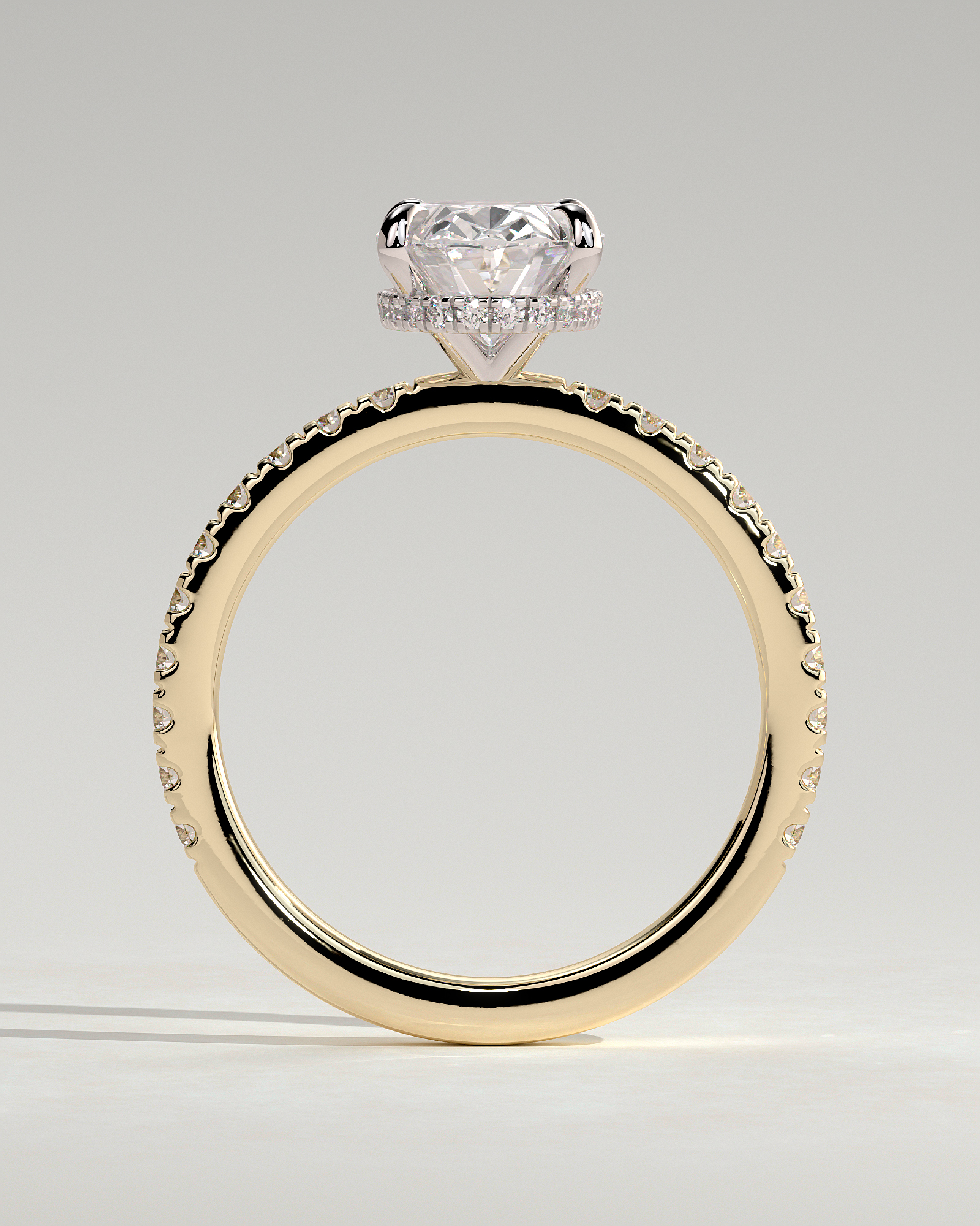 Oval 4 Claw Solitaire with Wrap Around Hidden Halo and Pave Band Engagement Ring - 18k Yellow Gold / 18k White Gold