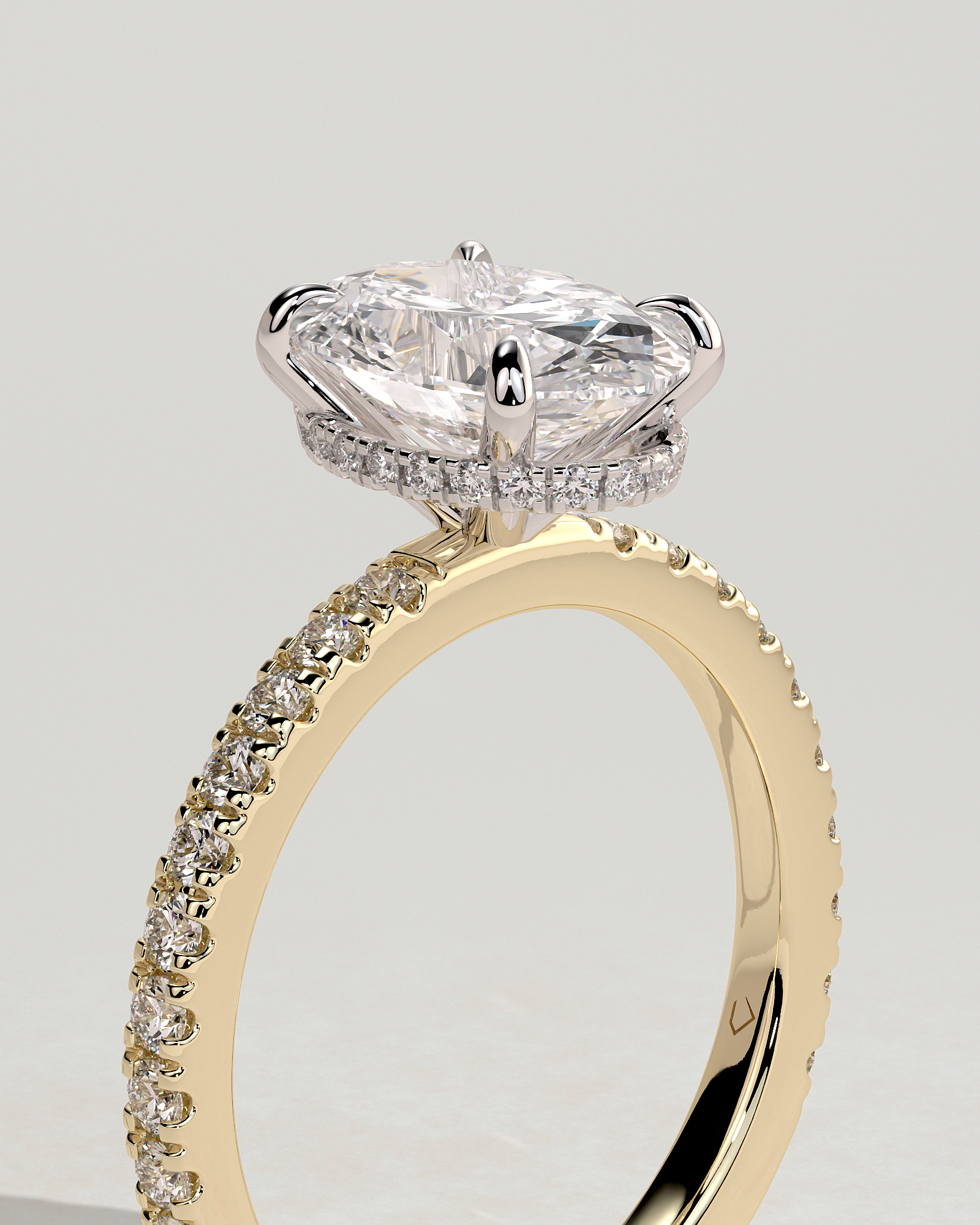 Oval 4 Claw Solitaire with Wrap Around Hidden Halo and Pave Band Engagement Ring - 18k Yellow Gold / 18k White Gold