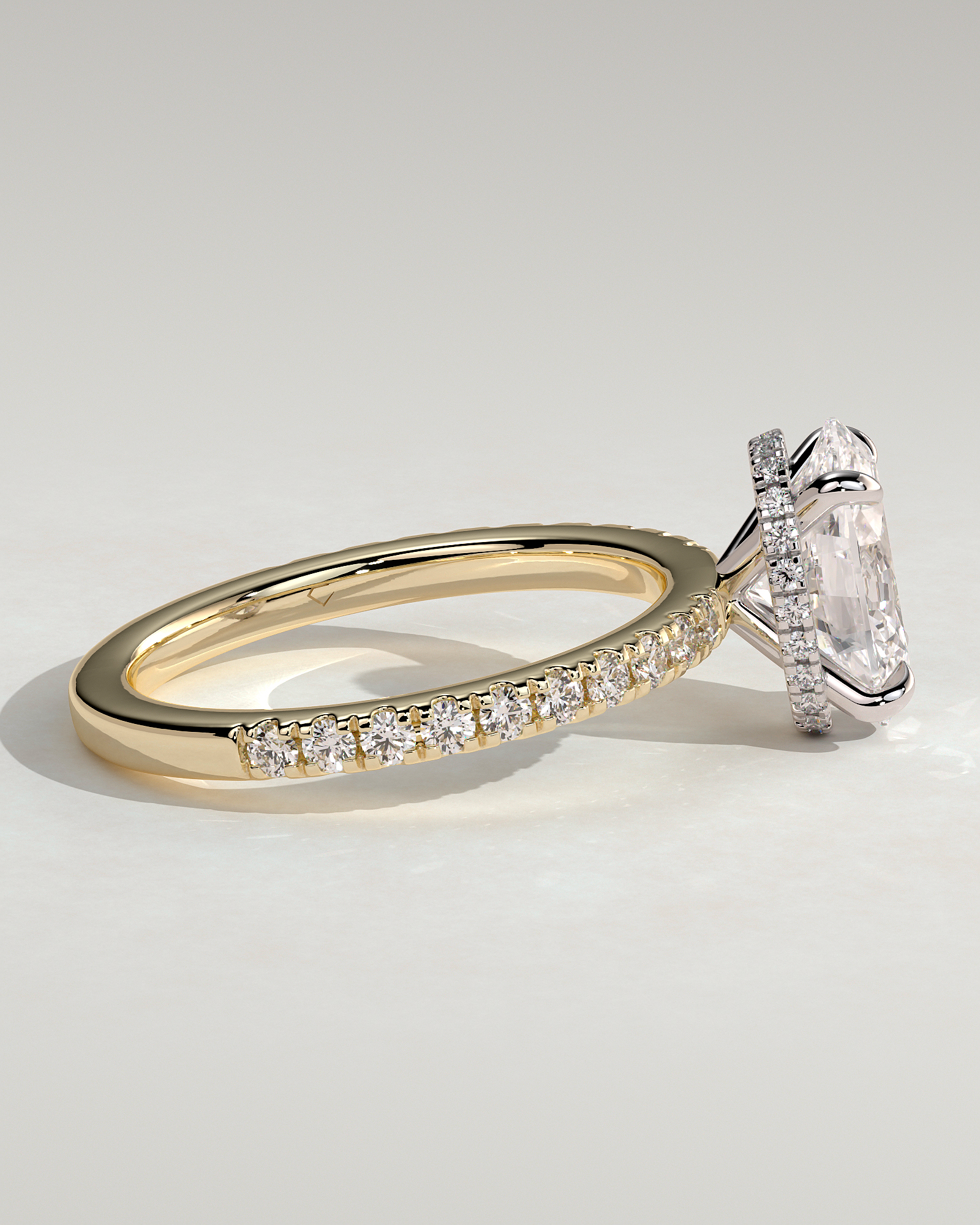 Oval 4 Claw Solitaire with Wrap Around Hidden Halo and Pave Band Engagement Ring - 18k Yellow Gold / 18k White Gold