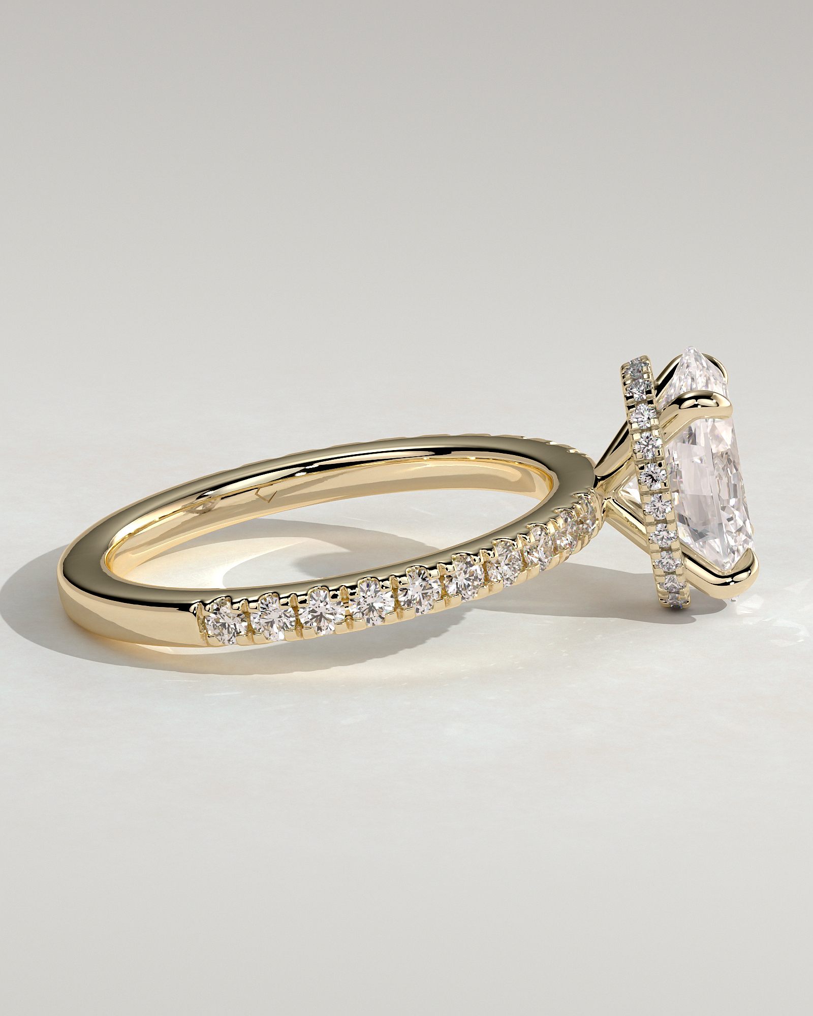 Oval 4 Claw Solitaire with Wrap Around Hidden Halo and Pave Band Engagement Ring - 18k Yellow Gold