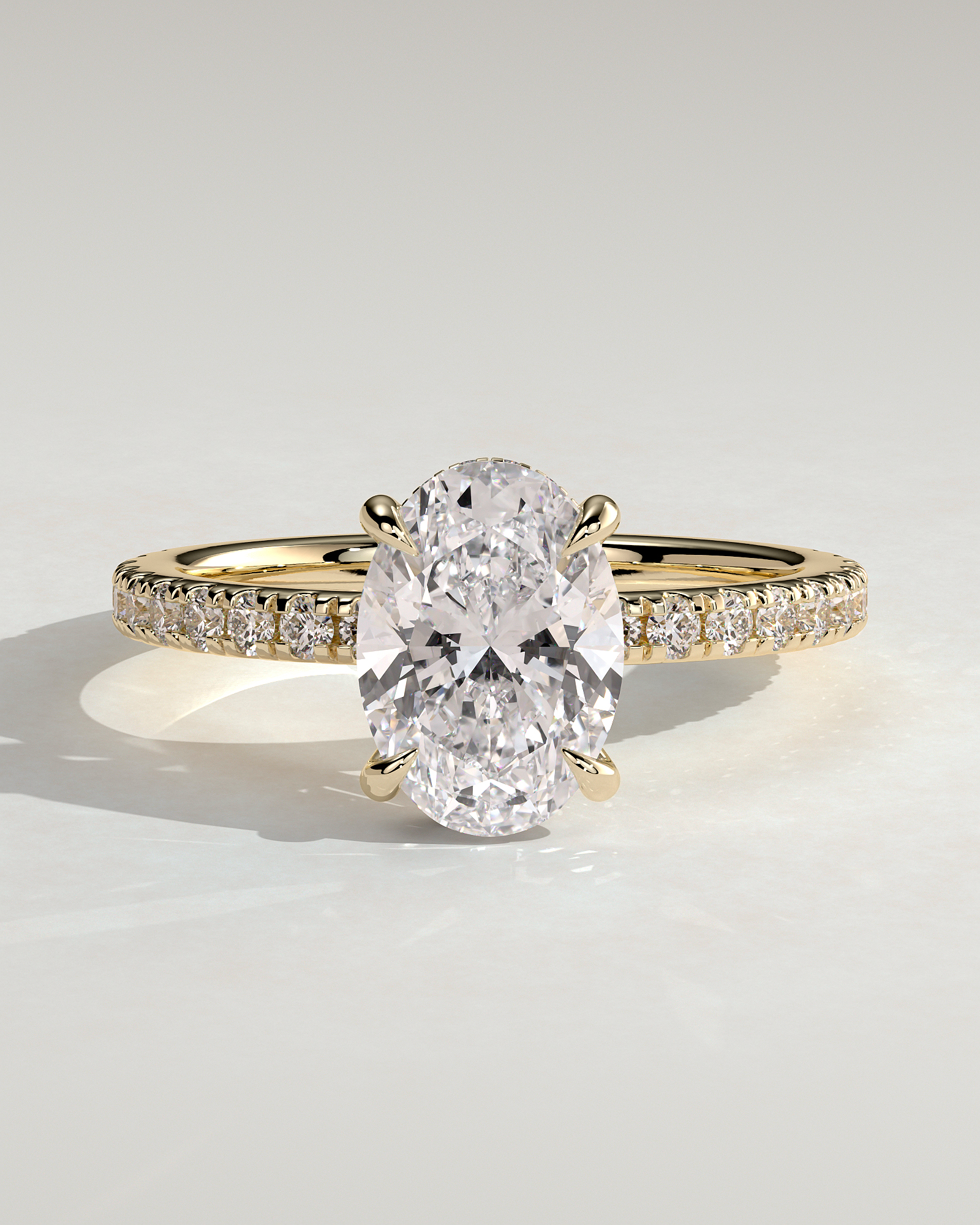 Oval 4 Claw Solitaire with Wrap Around Hidden Halo and Pave Band Engagement Ring - 18k Yellow Gold