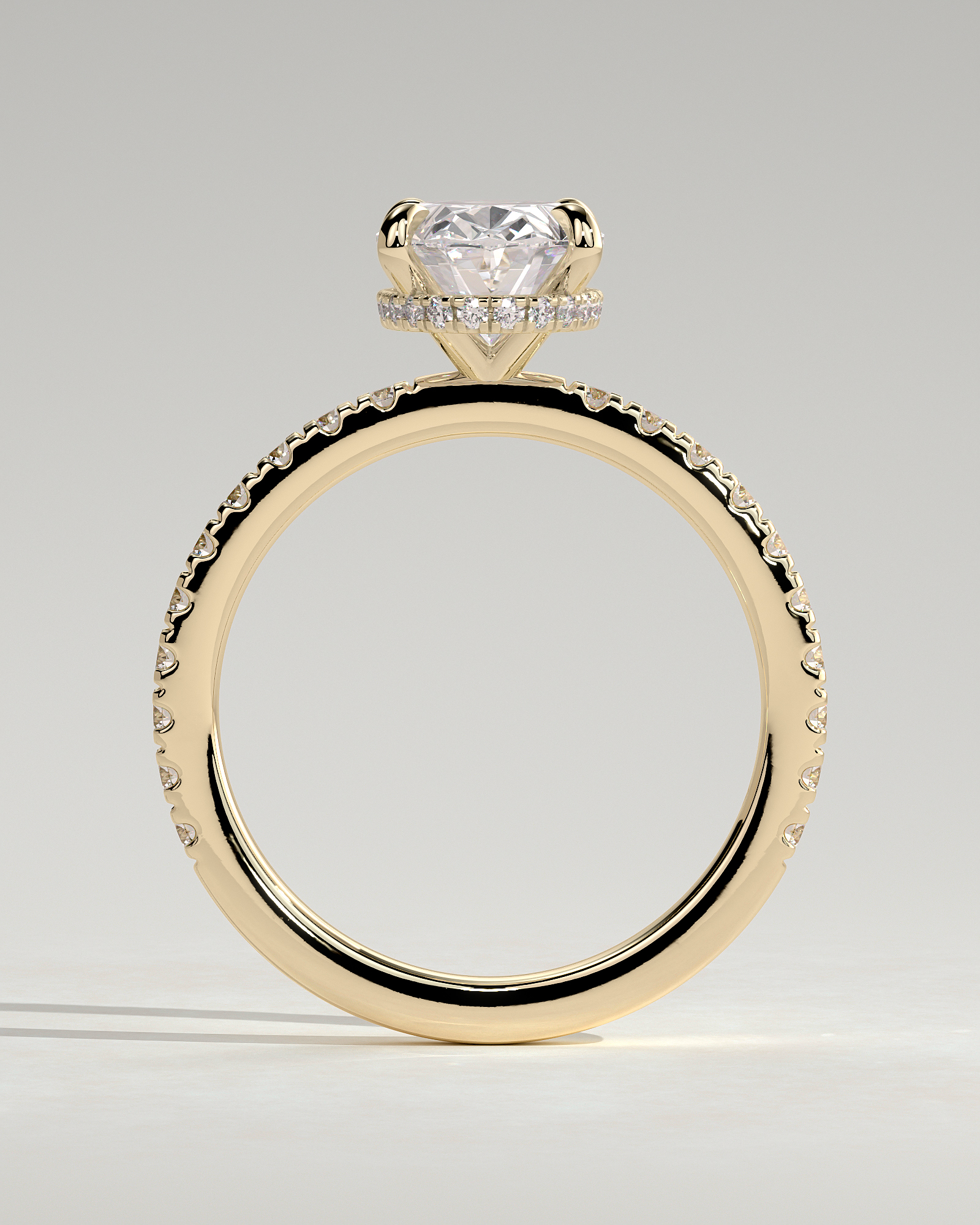 Oval 4 Claw Solitaire with Wrap Around Hidden Halo and Pave Band Engagement Ring - 18k Yellow Gold