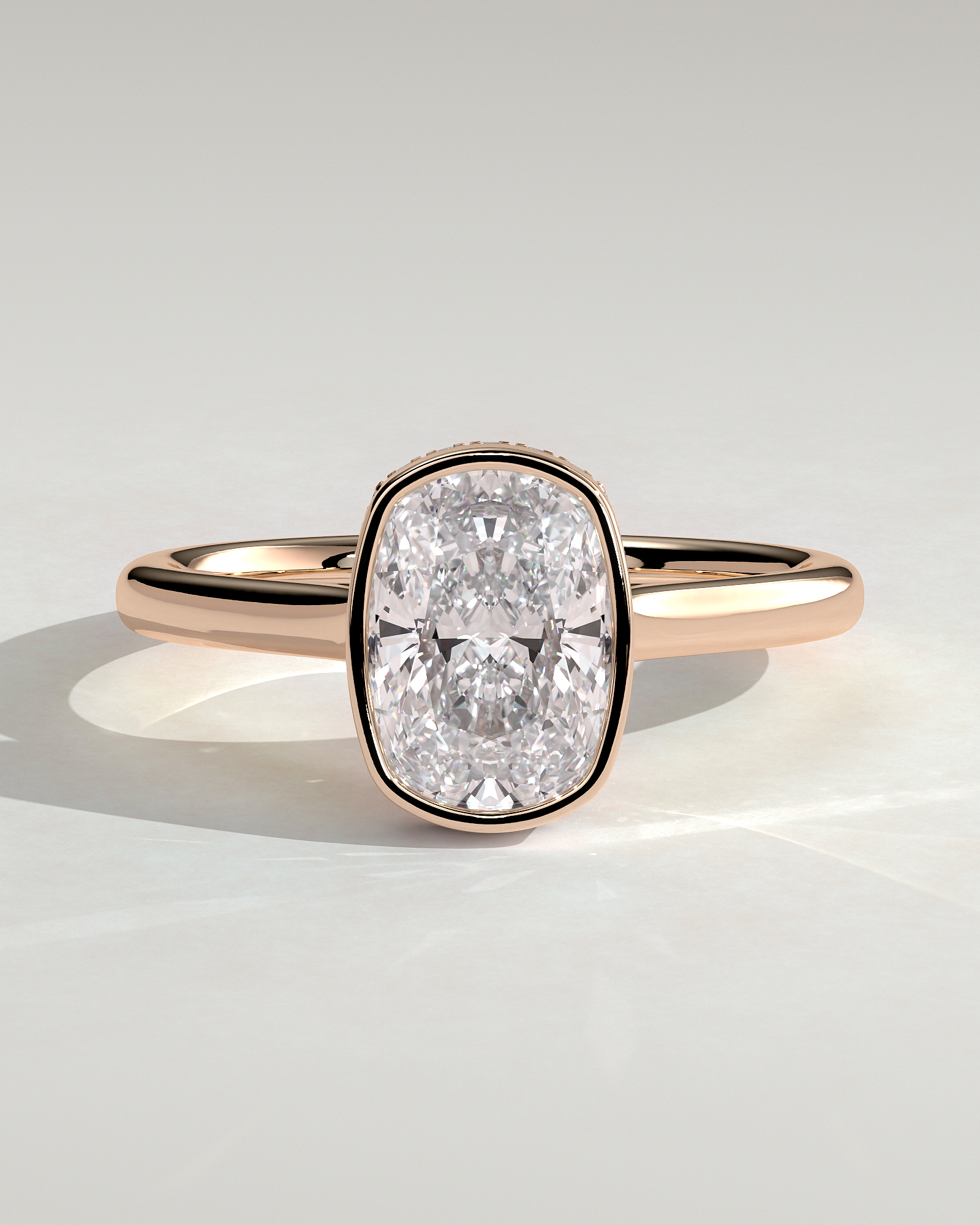 Elongated Cushion Bezel Solitaire with Hidden Halo and Cathedral Setting Engagement Ring - 18k Rose Gold