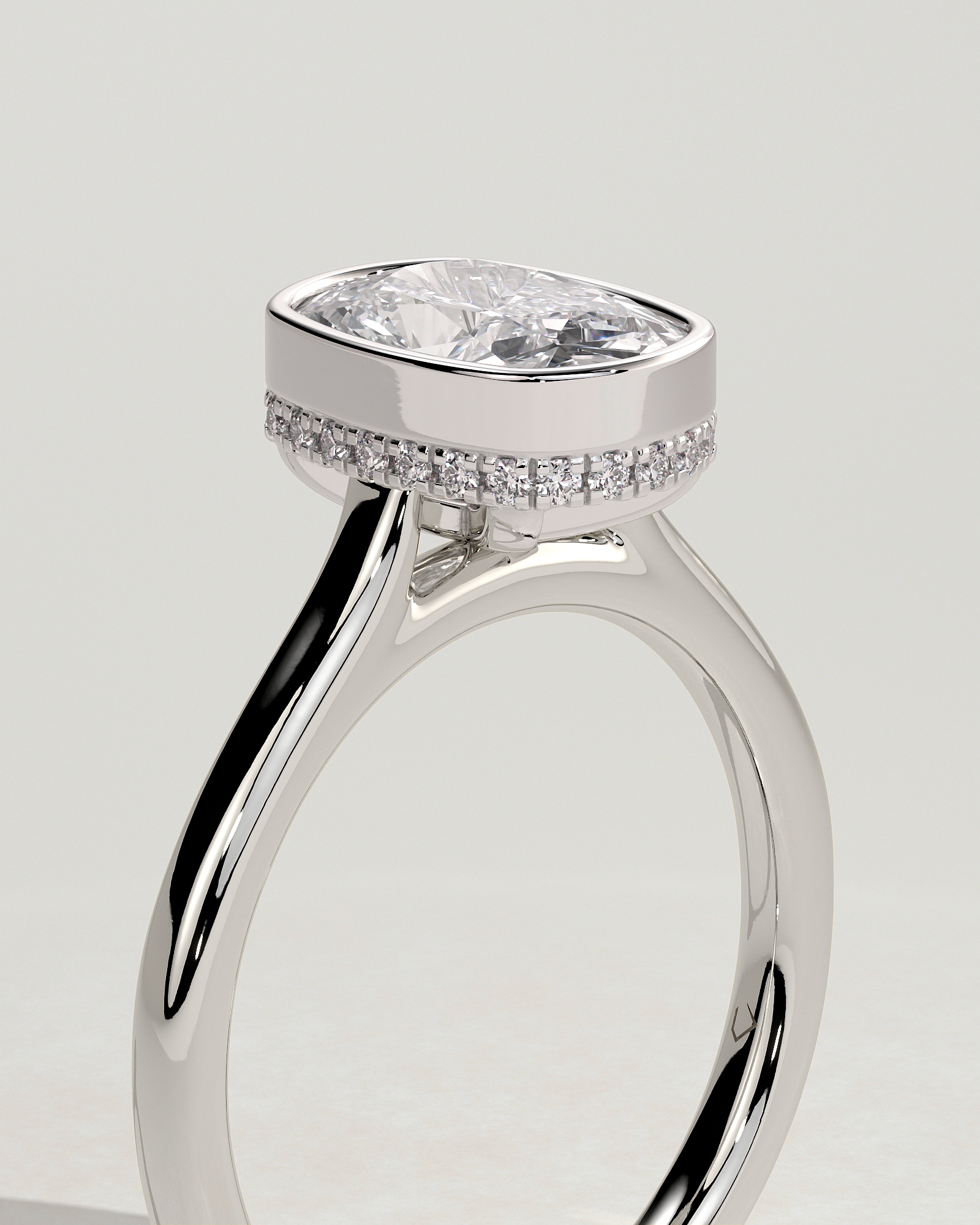 Elongated Cushion Bezel Solitaire with Hidden Halo and Cathedral Setting Engagement Ring - 18k White Gold