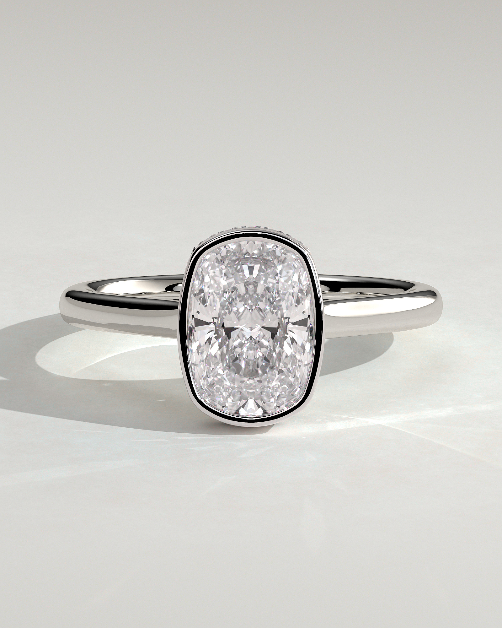 Elongated Cushion Bezel Solitaire with Hidden Halo and Cathedral Setting Engagement Ring - 18k White Gold