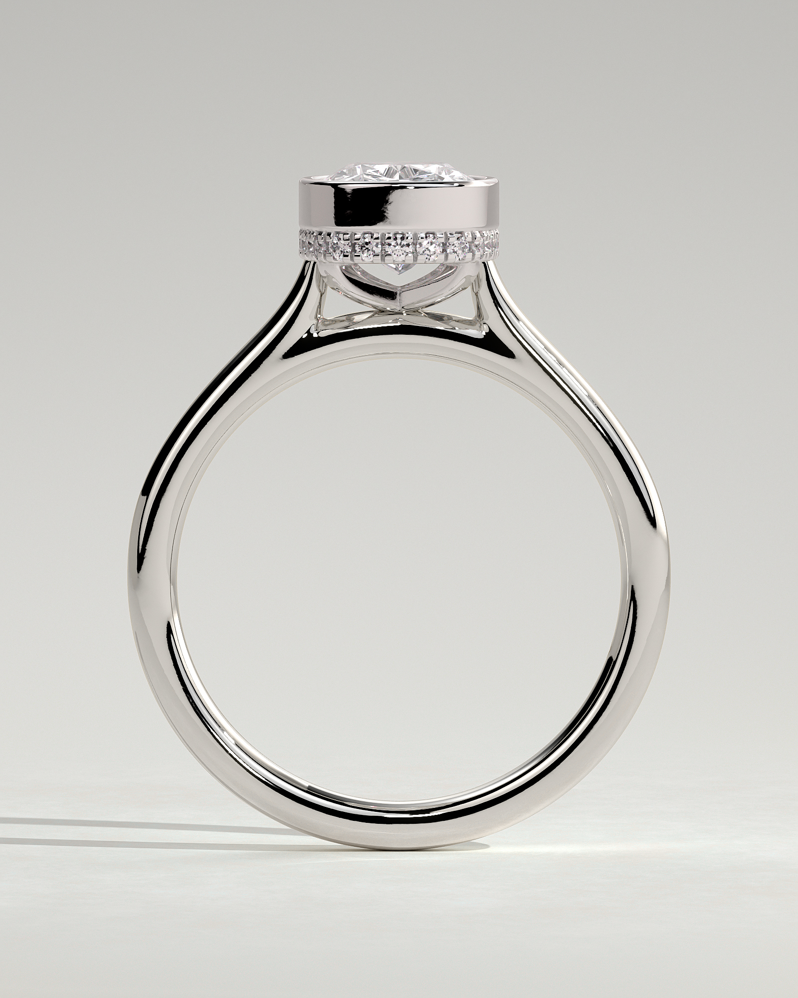 Elongated Cushion Bezel Solitaire with Hidden Halo and Cathedral Setting Engagement Ring - 18k White Gold