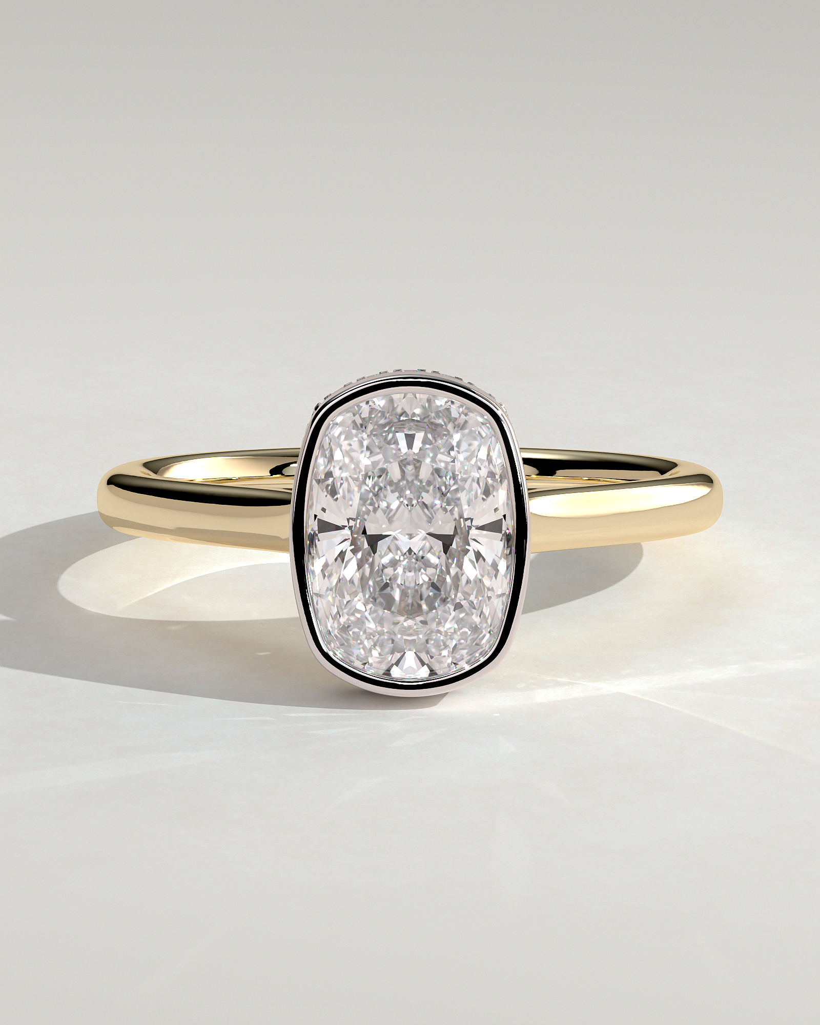 Elongated Cushion Bezel Solitaire with Hidden Halo and Cathedral Setting Engagement Ring - 18k Yellow Gold / 18k White Gold