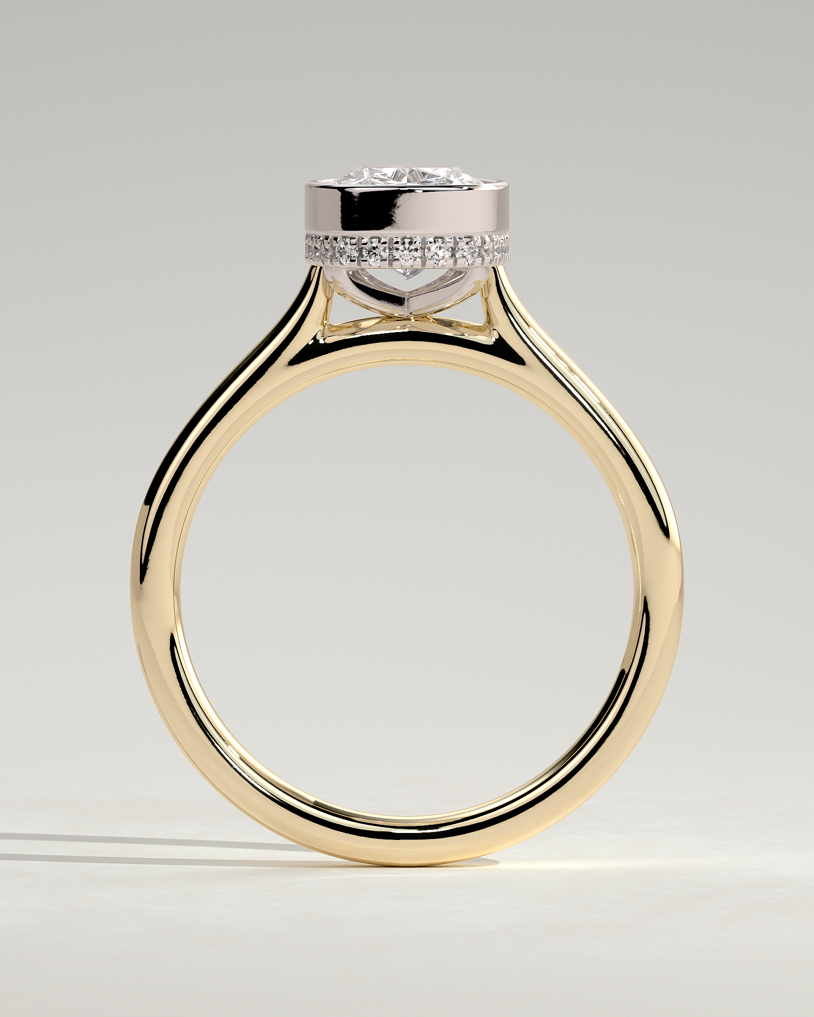 Elongated Cushion Bezel Solitaire with Hidden Halo and Cathedral Setting Engagement Ring - 18k Yellow Gold / 18k White Gold