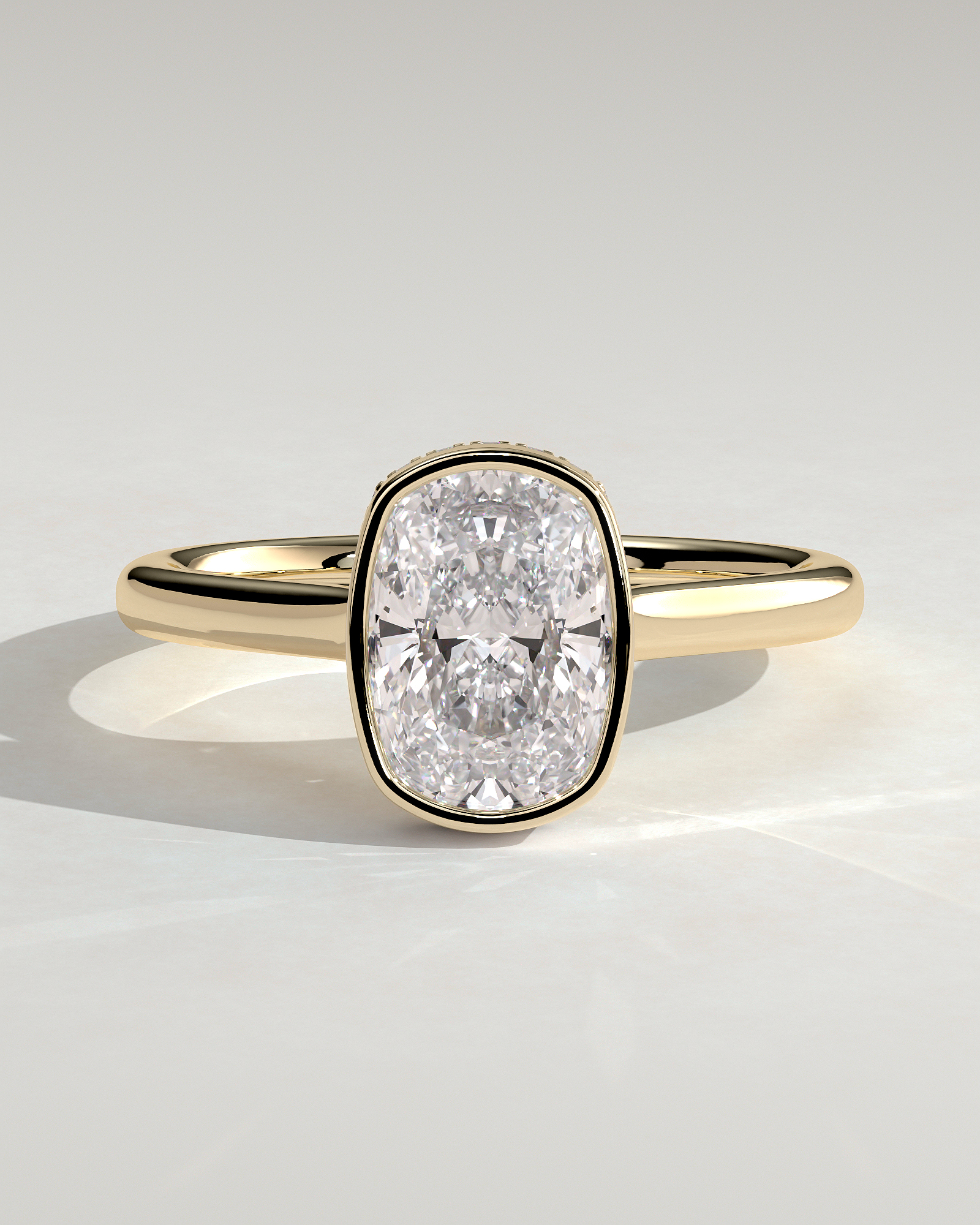Elongated Cushion Bezel Solitaire with Hidden Halo and Cathedral Setting Engagement Ring - 18k Yellow Gold