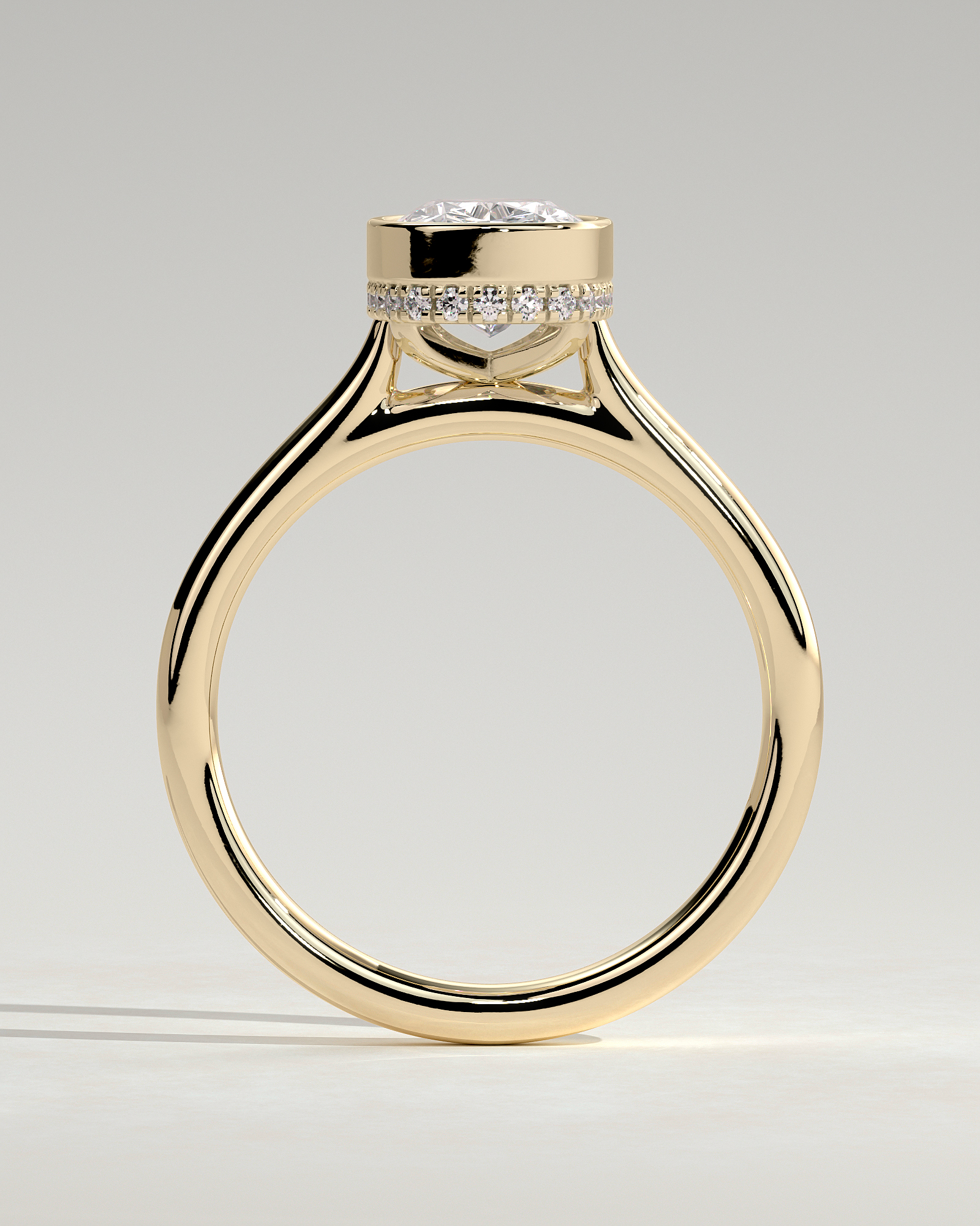 Elongated Cushion Bezel Solitaire with Hidden Halo and Cathedral Setting Engagement Ring - 18k Yellow Gold