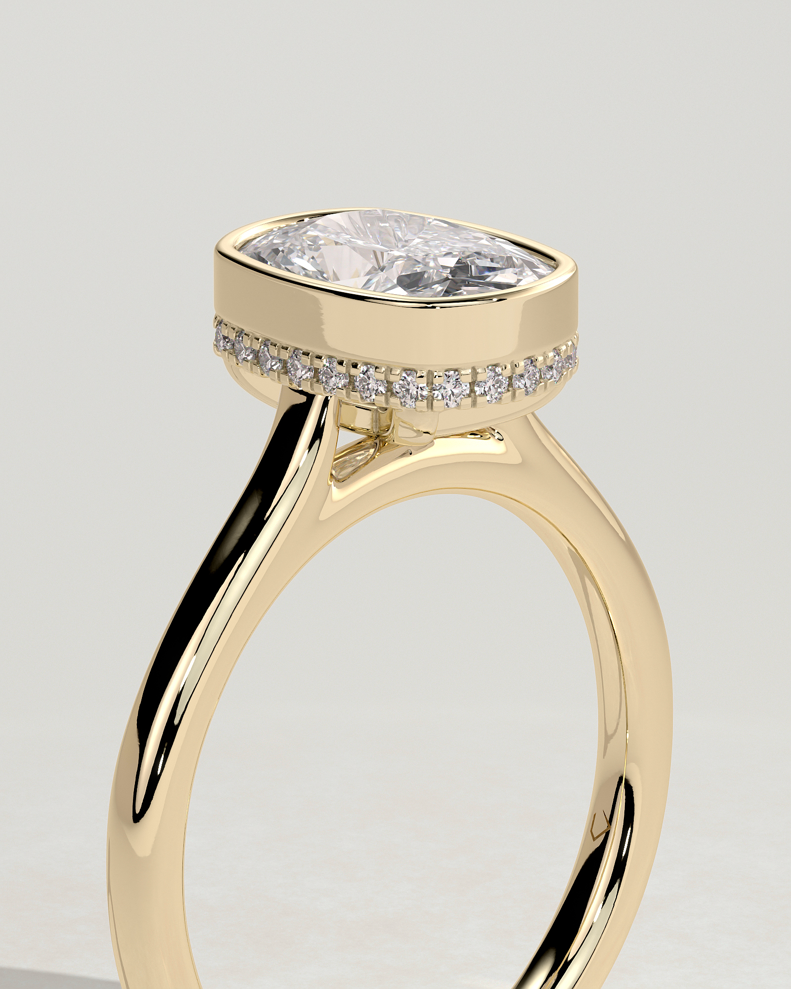 Elongated Cushion Bezel Solitaire with Hidden Halo and Cathedral Setting Engagement Ring - 18k Yellow Gold