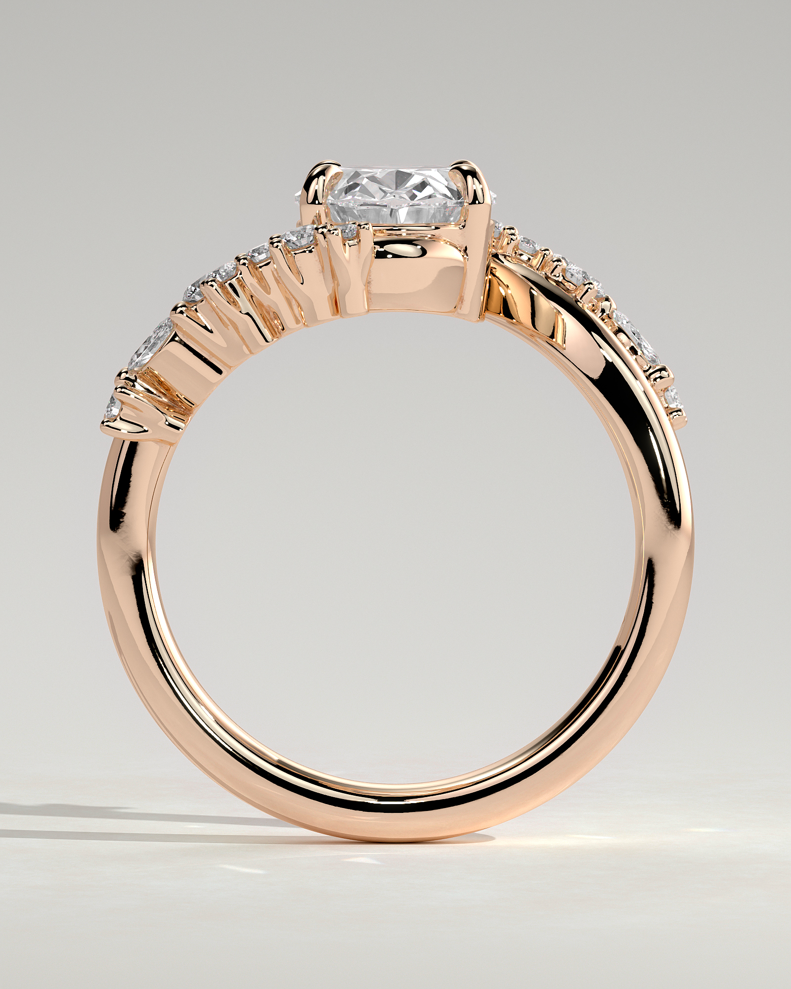 Ezmerelda - Oval Bypass Solitaire with Clustered Accent Stones - 18k Rose Gold