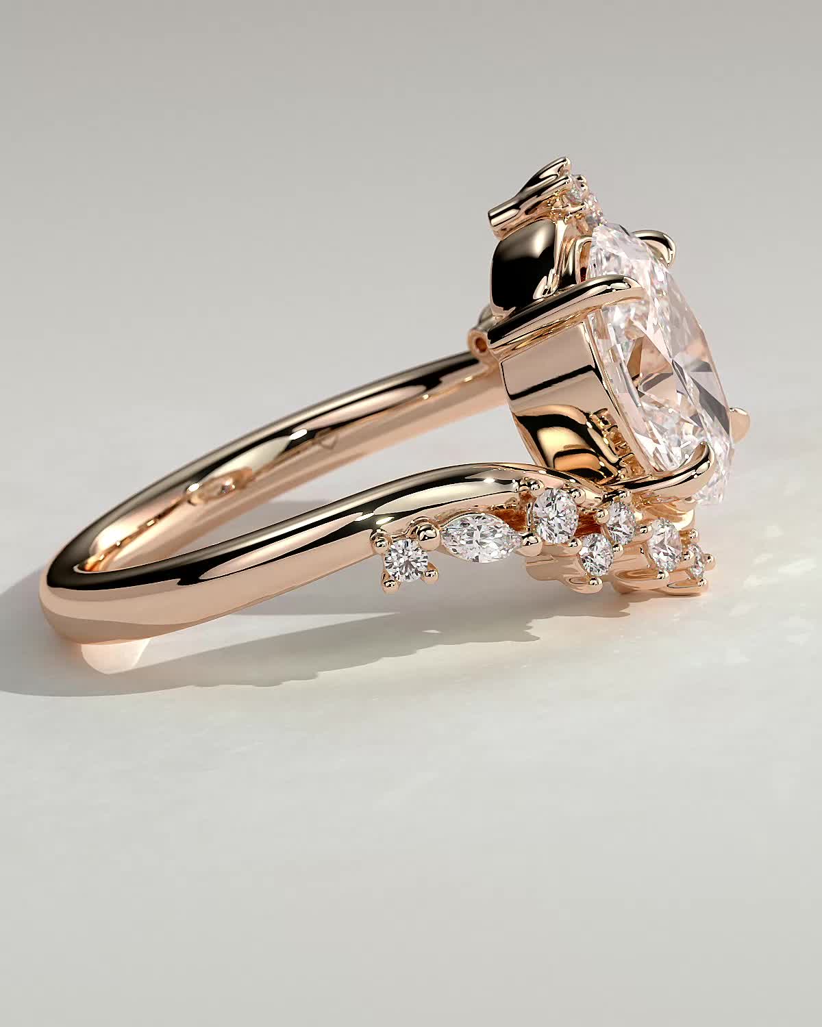 Ezmerelda - Oval Bypass Solitaire with Clustered Accent Stones - 18k Rose Gold