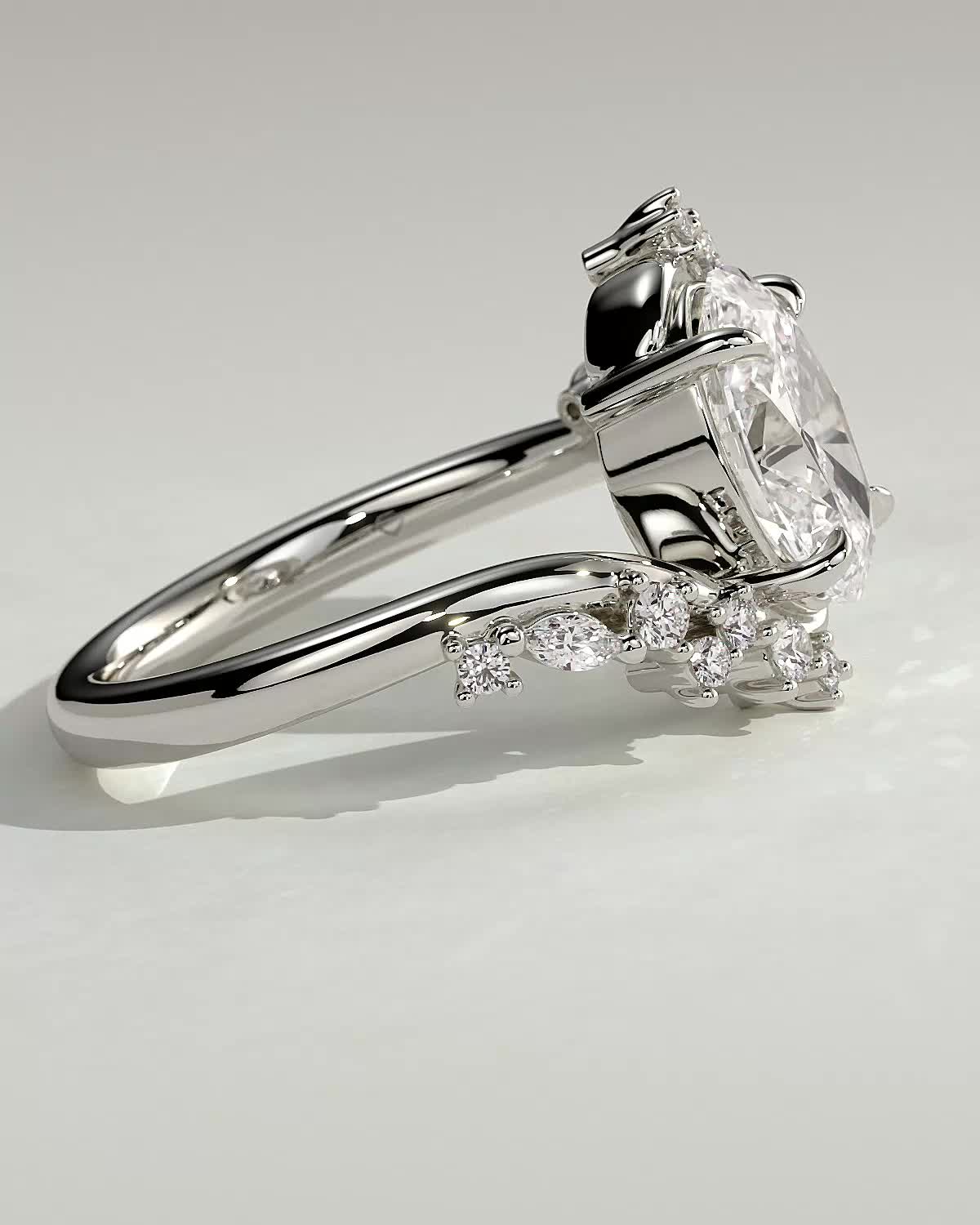 Ezmerelda - Oval Bypass Solitaire with Clustered Accent Stones - 18k White Gold