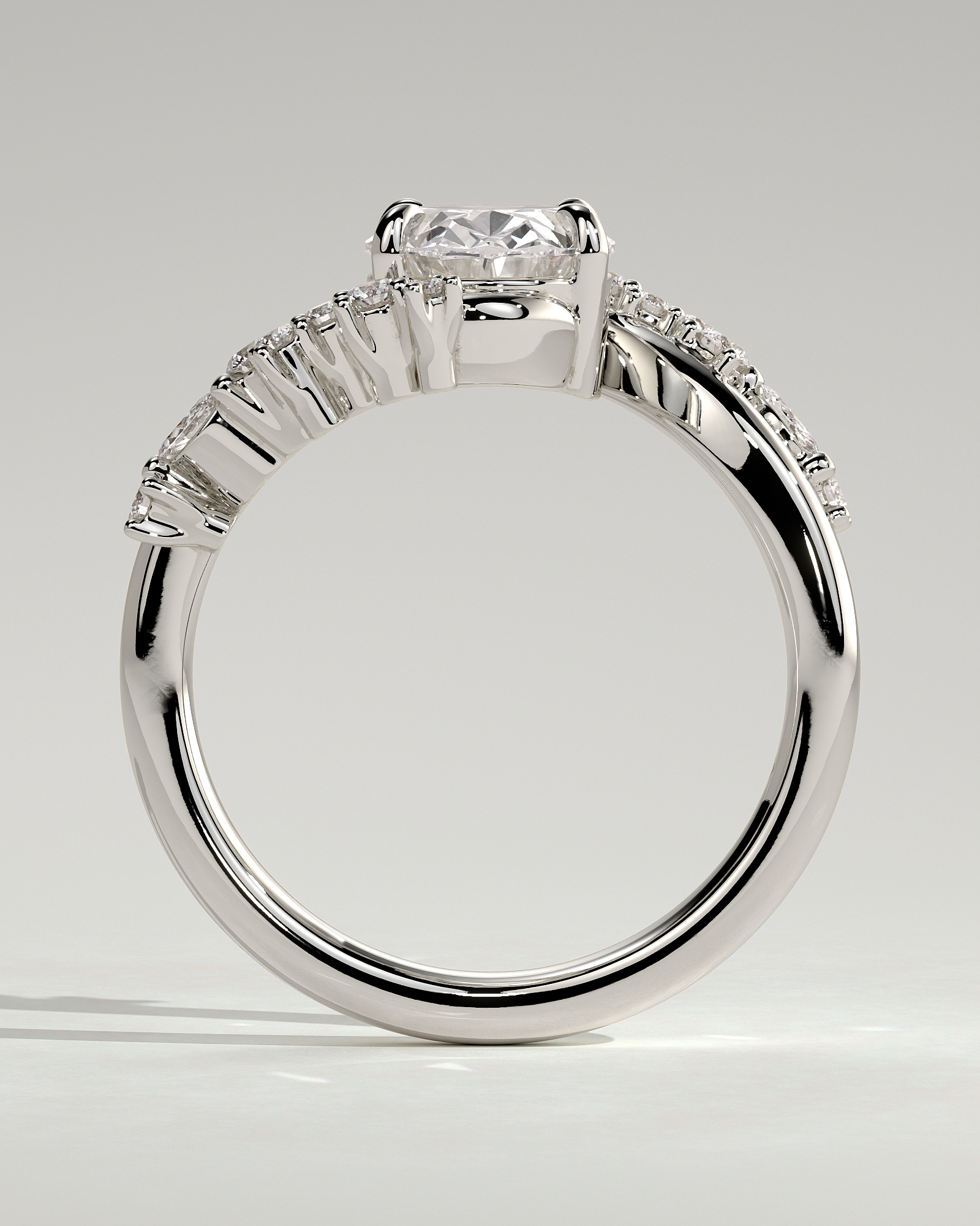 Ezmerelda - Oval Bypass Solitaire with Clustered Accent Stones - 18k White Gold