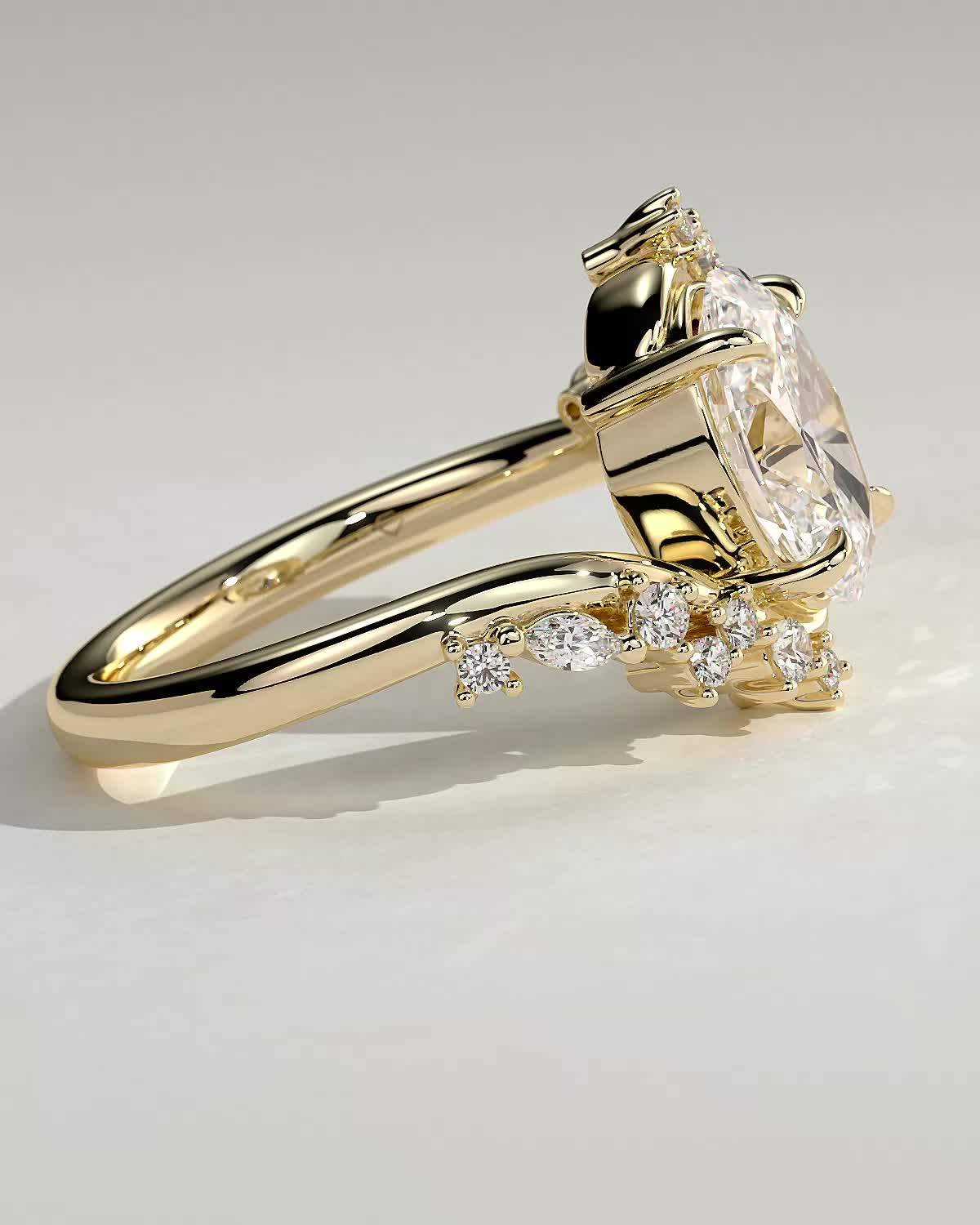 Ezmerelda - Oval Bypass Solitaire with Clustered Accent Stones - 18k Yellow Gold