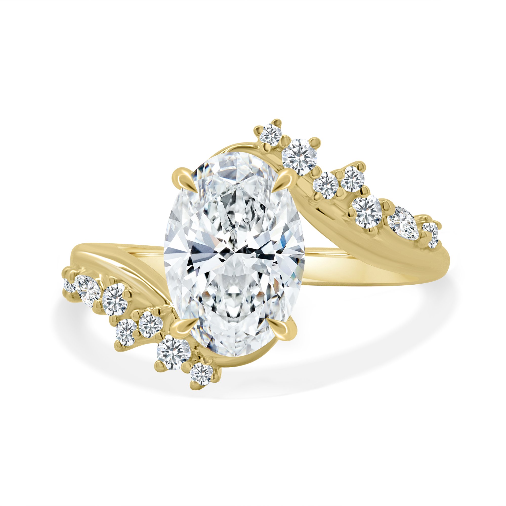 Ezmeralda - Oval Bypass Solitaire with Clustered Accent Stones - 18k Yellow Gold