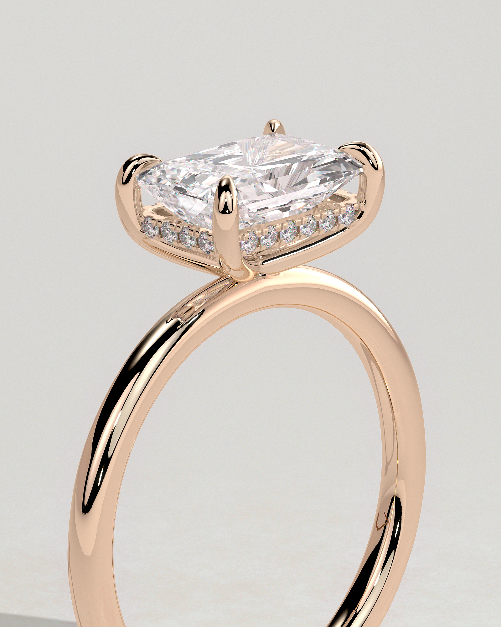 Francene - East West Radiant Solitaire with Hidden Halo - 18k Rose Gold