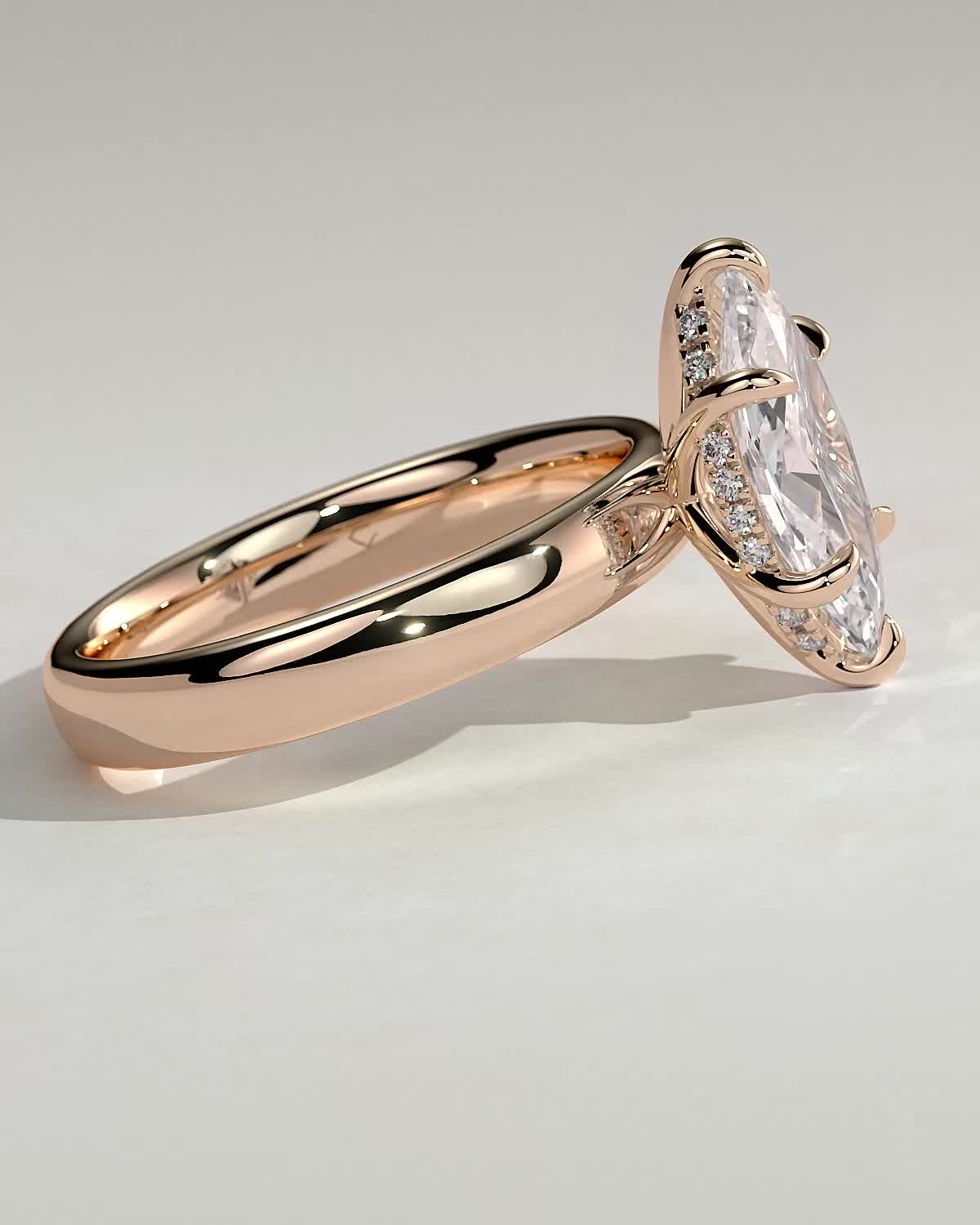 Gigi - Marquise 6 Claw Solitaire with Cigar Band and Hidden Halo Engagement Ring - 18k Rose Gold High Setting