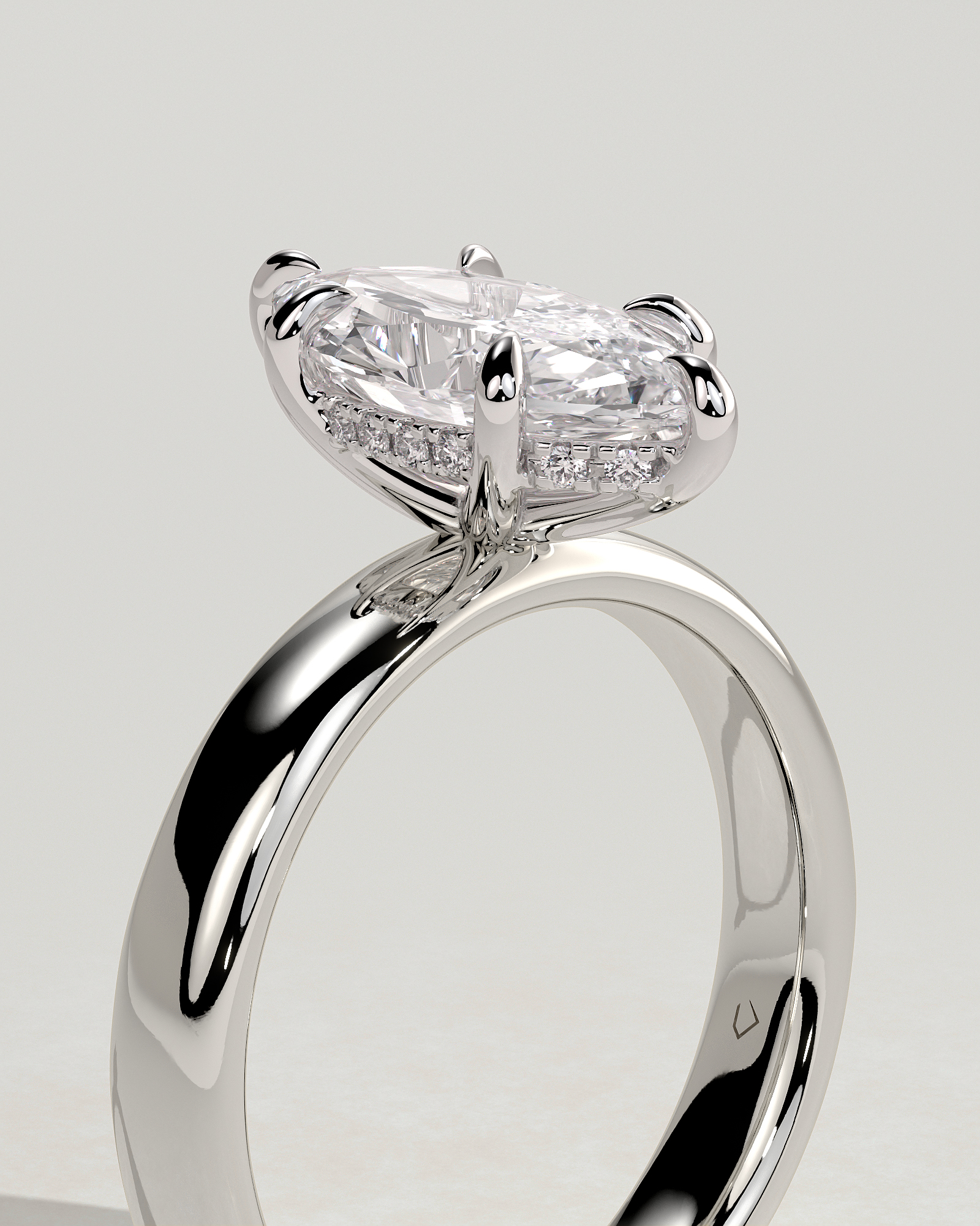 Gigi - Marquise 6 Claw Solitaire with Cigar Band and Hidden Halo Engagement Ring - 18k White Gold High Setting
