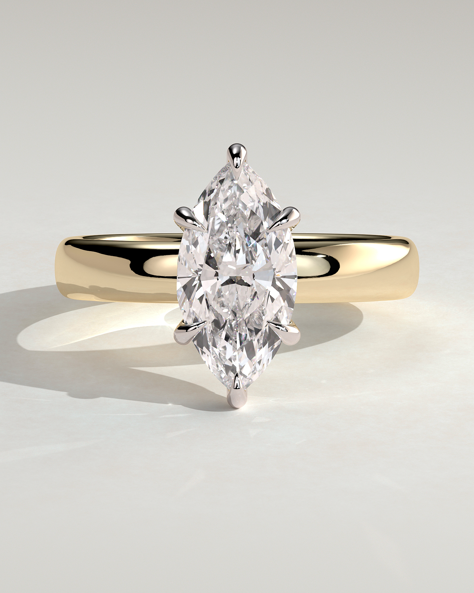 Gigi - Marquise 6 Claw Solitaire with Cigar Band and Hidden Halo Engagement Ring - 18k Yellow Gold / 18k White Gold High Setting