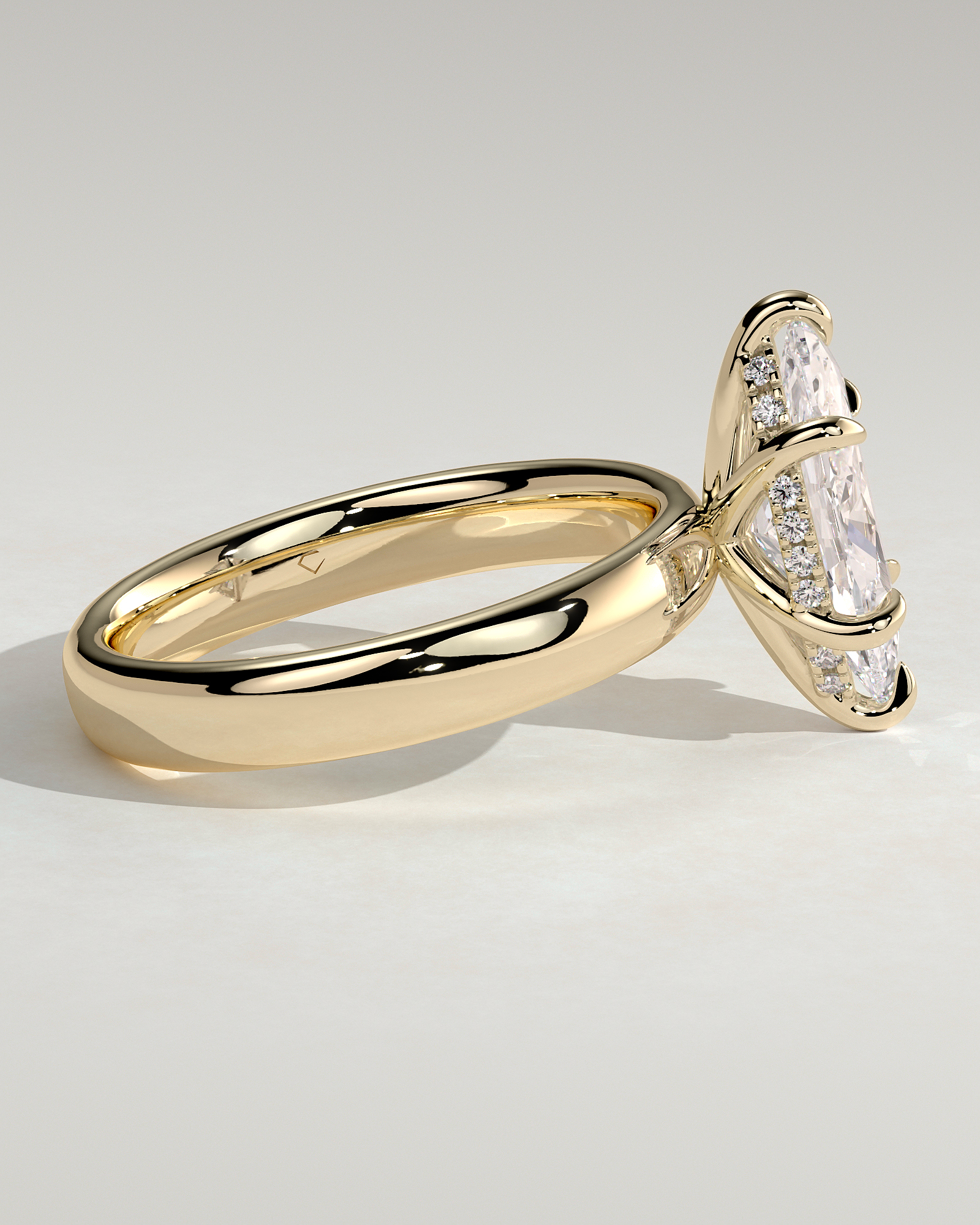 Gigi - Marquise 6 Claw Solitaire with Cigar Band and Hidden Halo Engagement Ring - 18k Yellow Gold High Setting