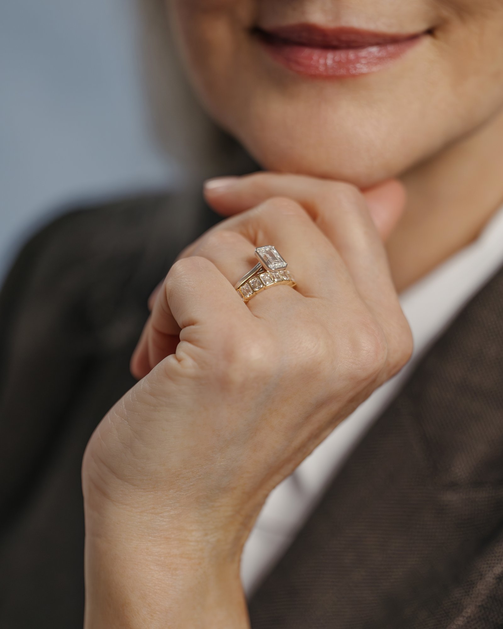 Imani - Bezel Set Emerald Solitaire Lifestyle Image