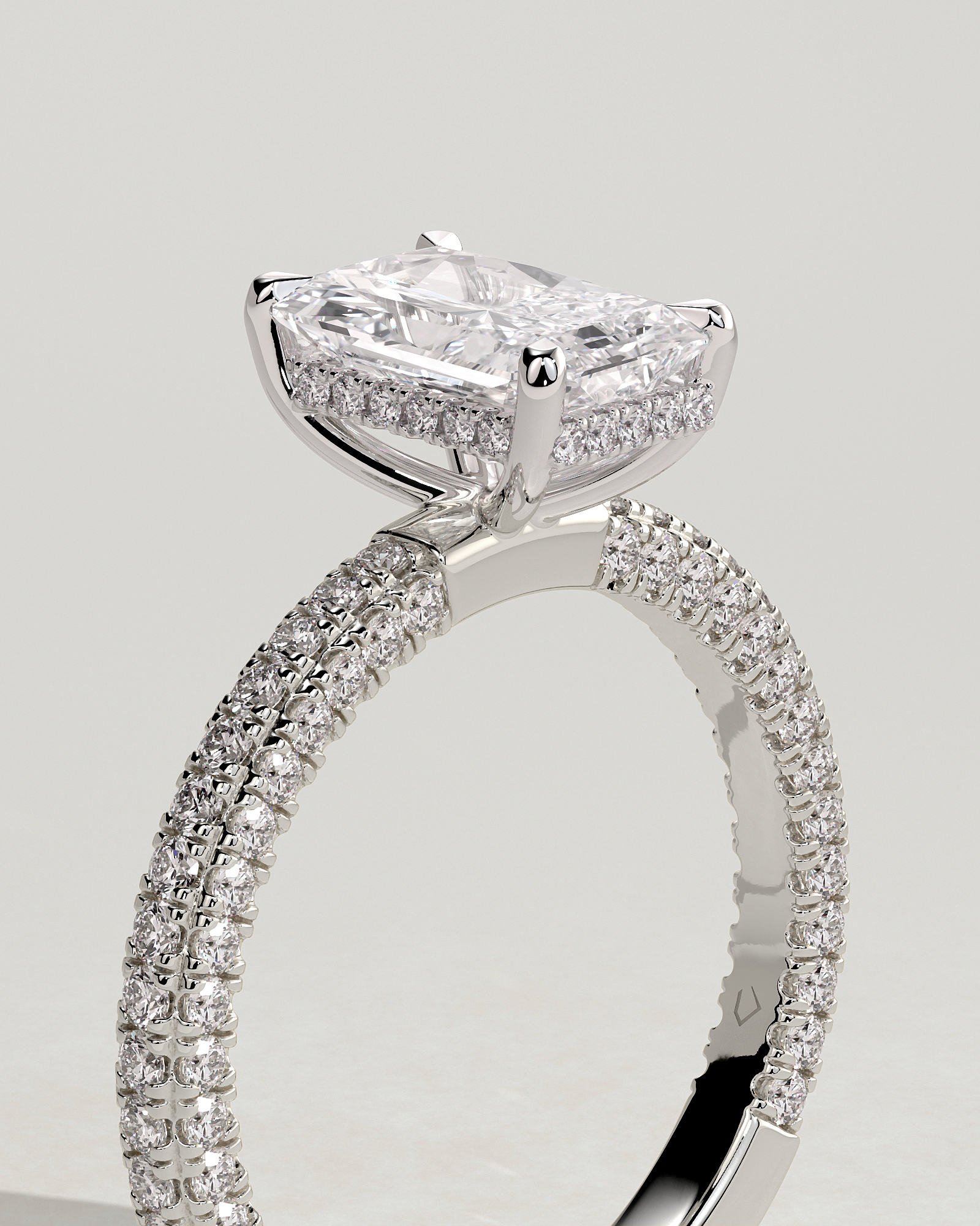 Irene - Radiant Solitaire with Hidden Halo and Triple Pave - 18k White Gold