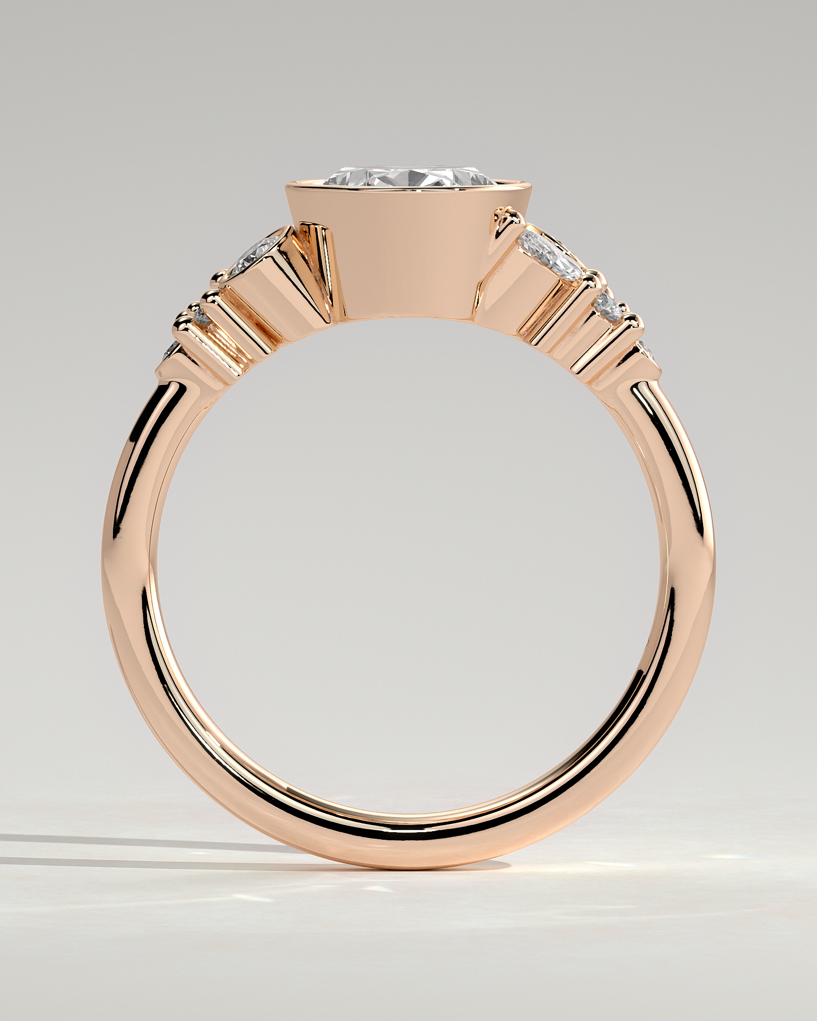 Oval Bezel Solitaire with Clustered Round-Marquise Mixed Set Shoulder Stones Engagement Ring - 18k Rose Gold